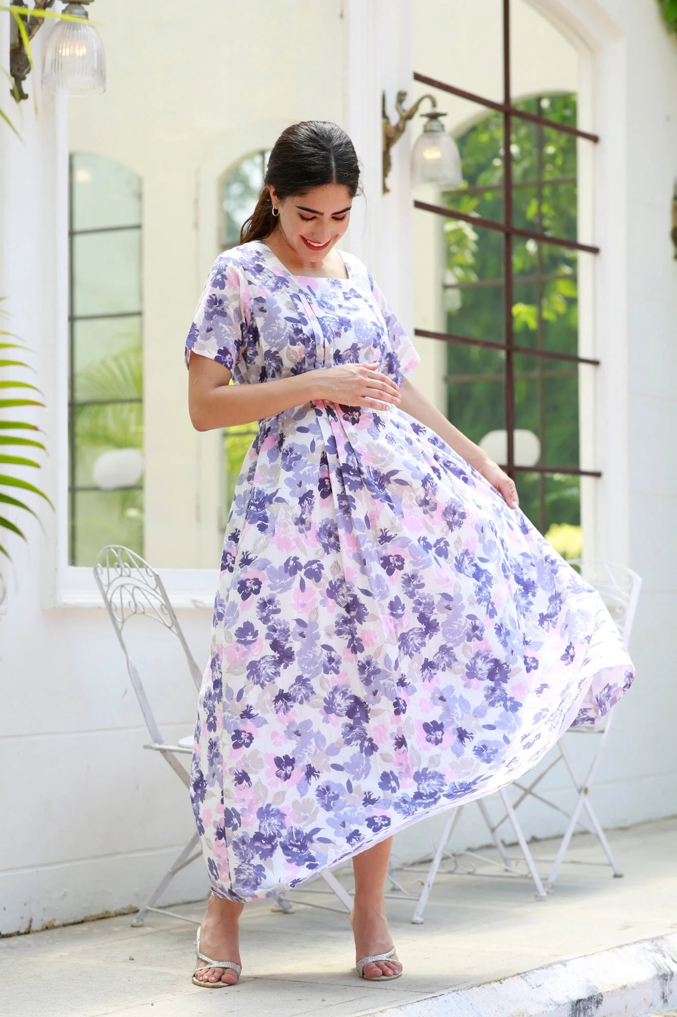 Restful Lavender Floral Maternity & Nursing Concealed Zips Night Dress - Chenance