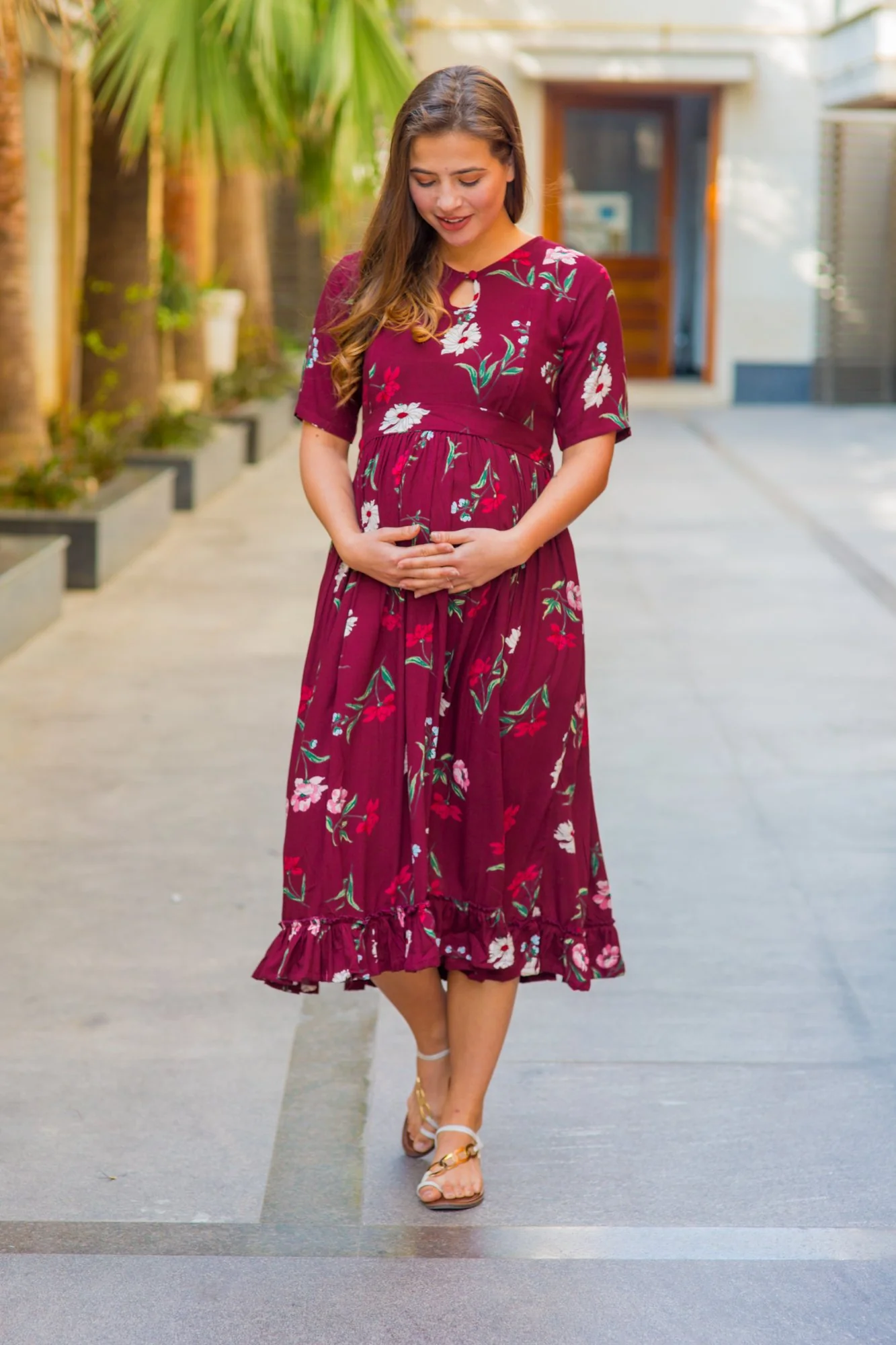 Berry Floral Frill Crepe Concealed Zips Maternity & Nursing Dress - Chenance