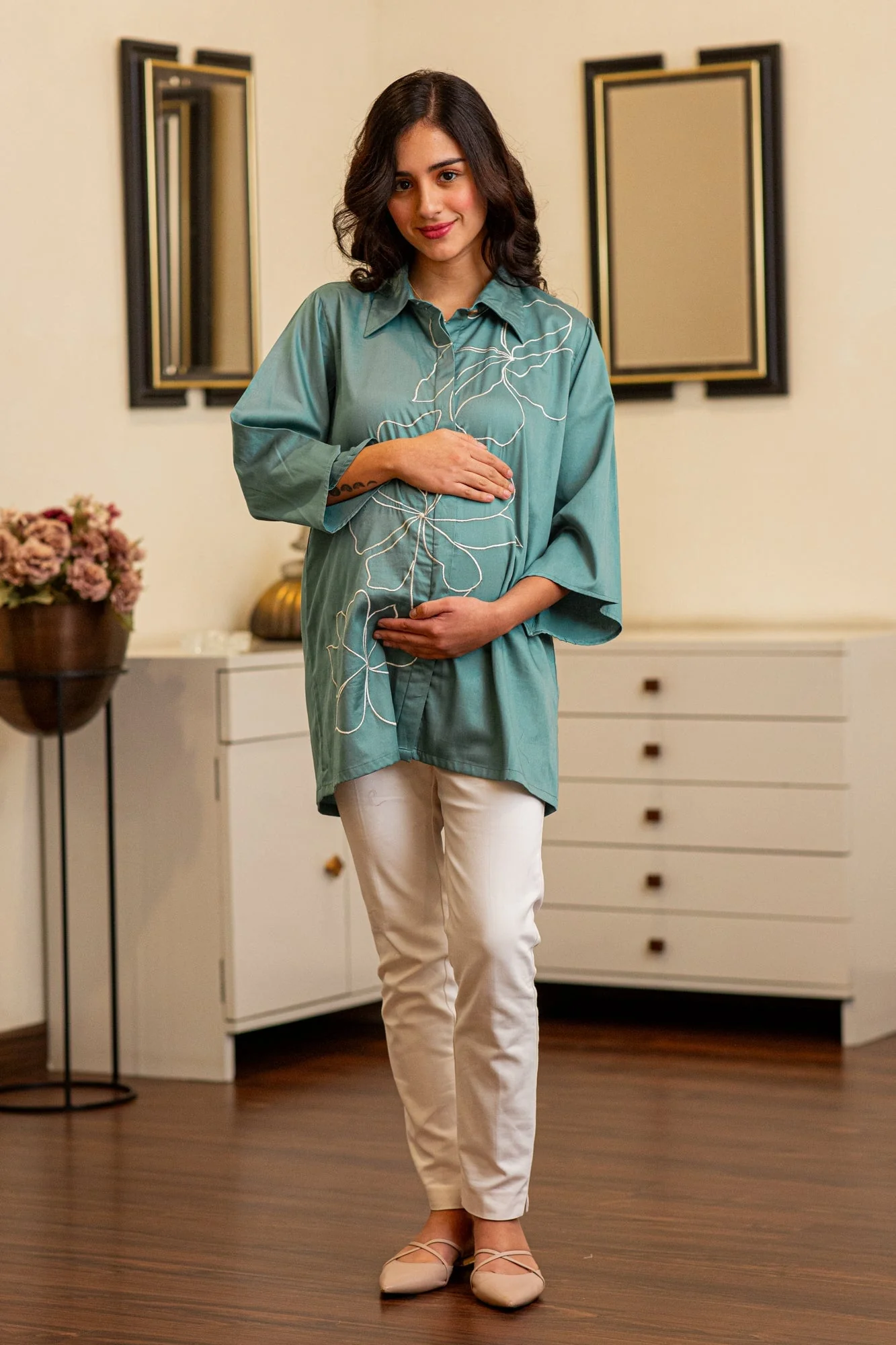 Premium Dusty Cyan Green Embroidered Maternity & Nursing Shirt - Chenance
