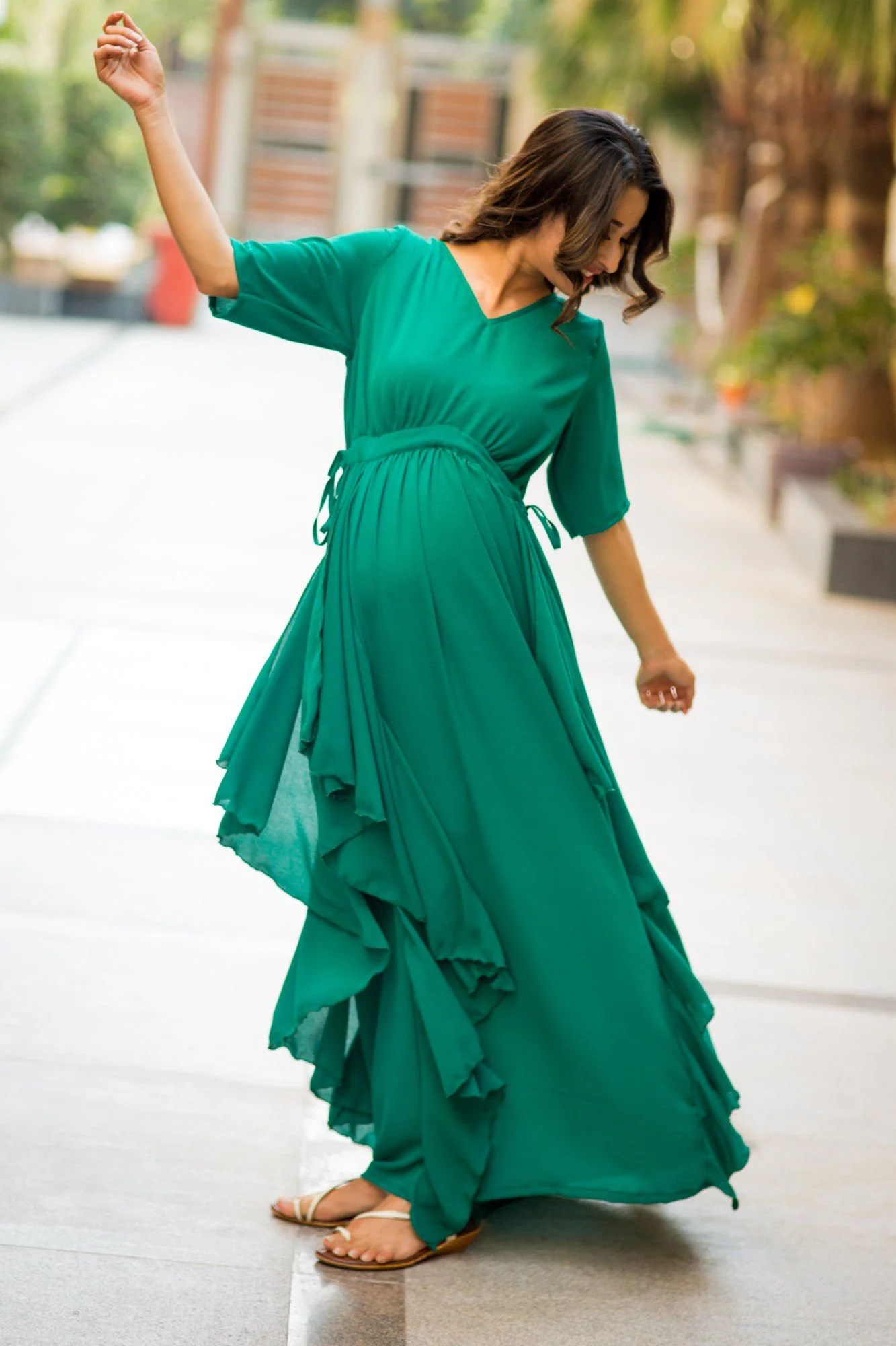 Luxe Forest Green Bubble Georgette Maternity Dress - Chenance