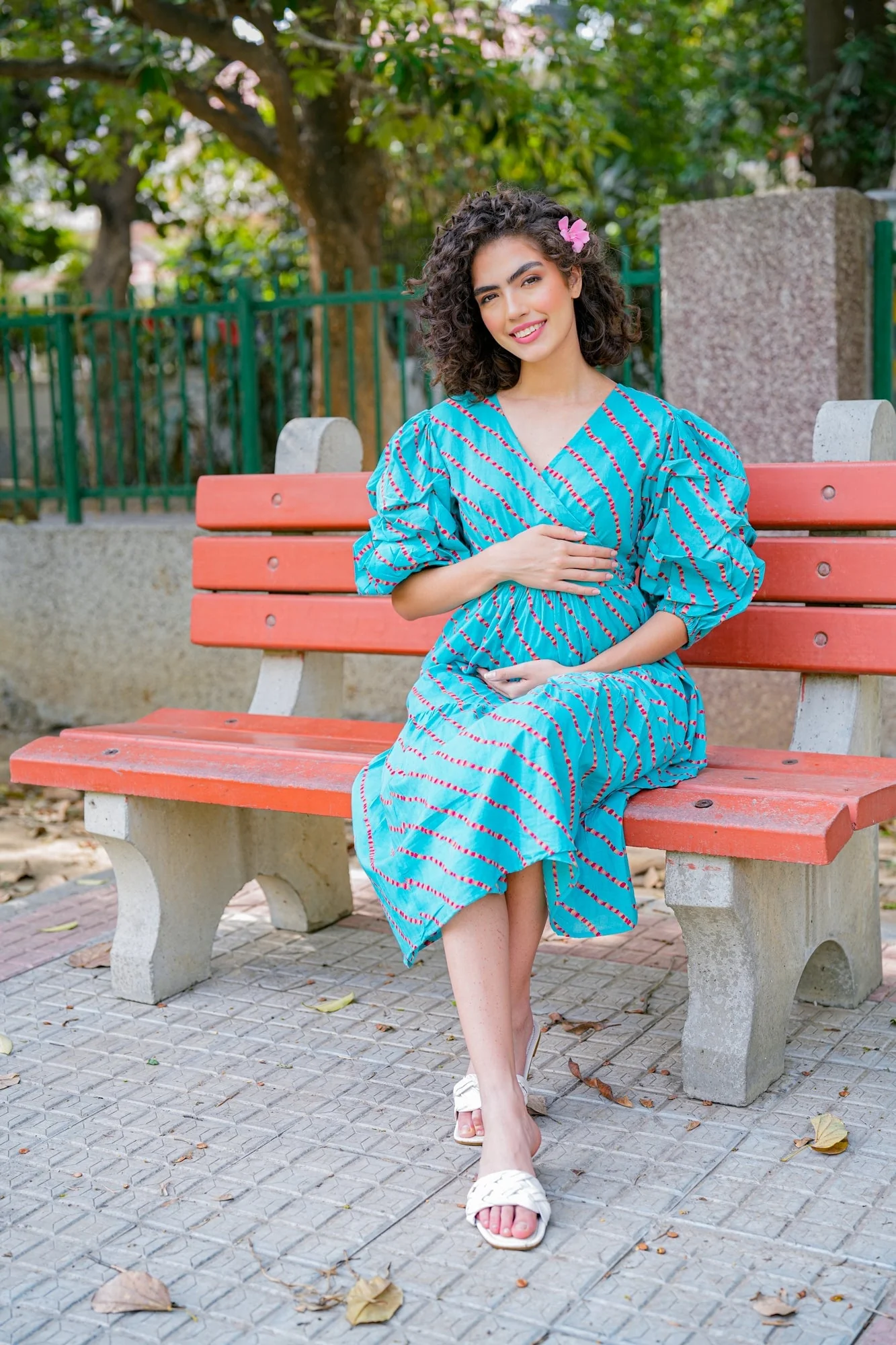 Charming Cerulean Blue Maternity & Nursing Frill Wrap Dress (100% Cotton) - Chenance