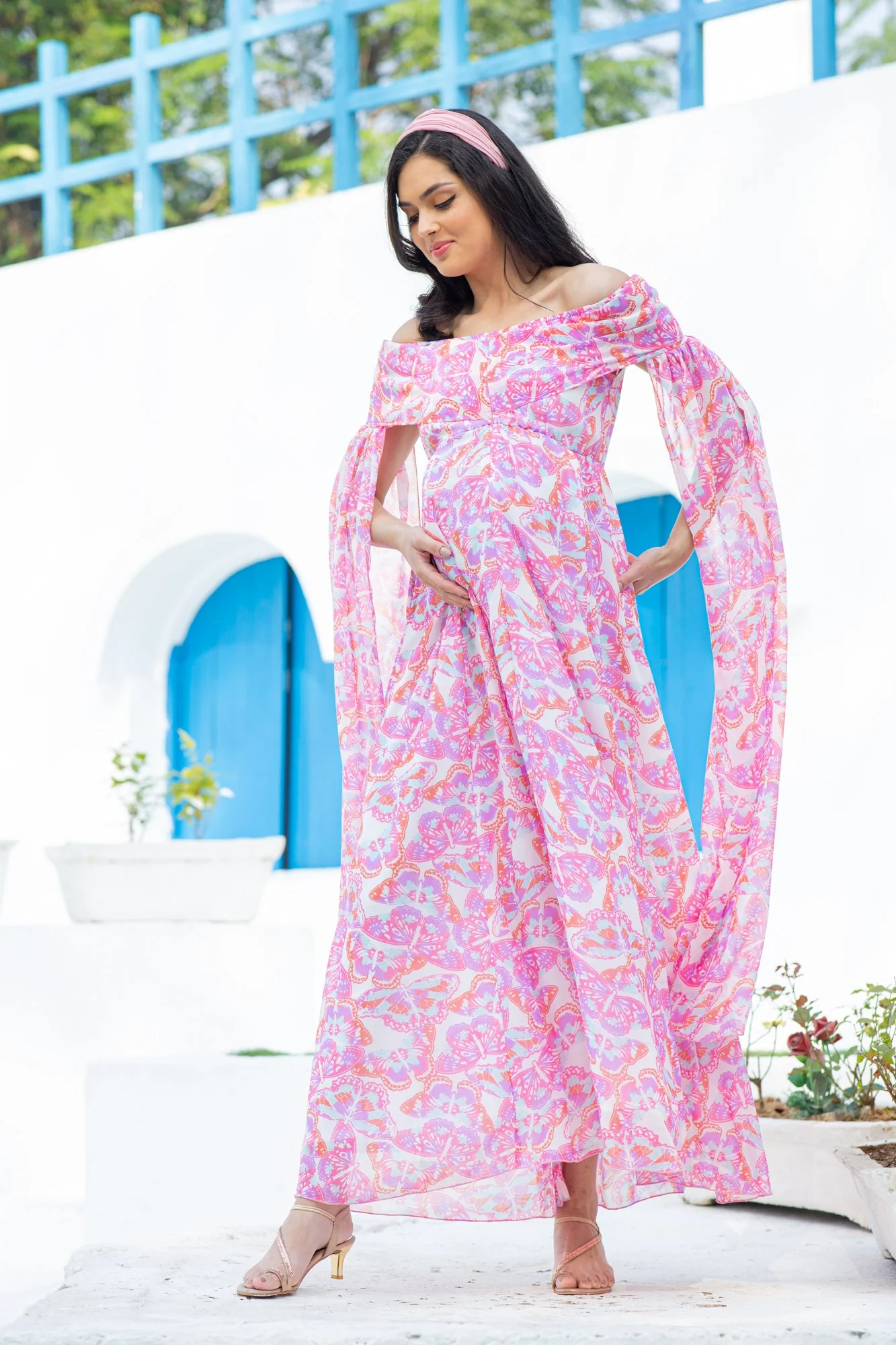 Pink Butterfly Flying Sleeves Maternity & Nursing Dress - Chenance