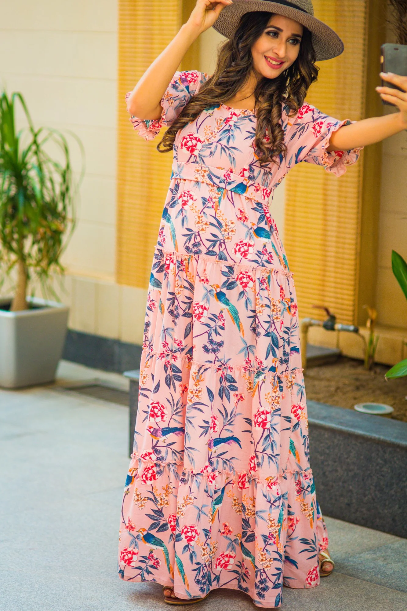 Multilayer Garden Peach Frill Single Concealed Zip Maternity & Nursing Dress - Chenance