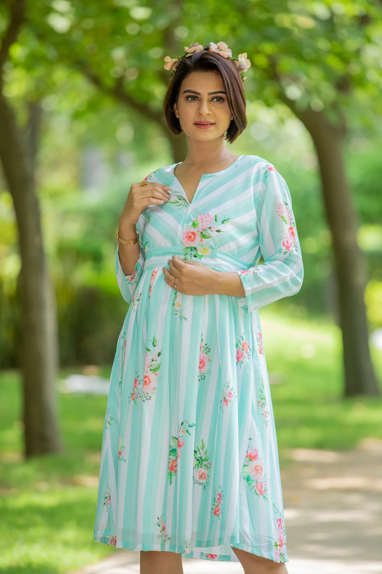 Mint Floral Striped Maternity & Nursing Dress - Chenance