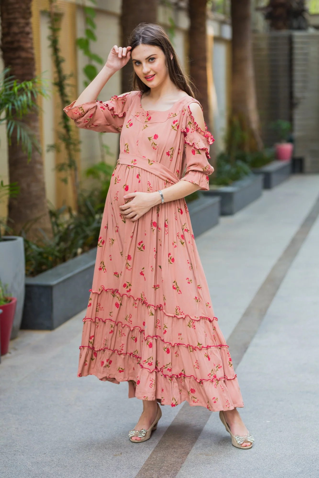 Peach Hawaiin Floral Frill Maternity & Nursing Maxi - Chenance