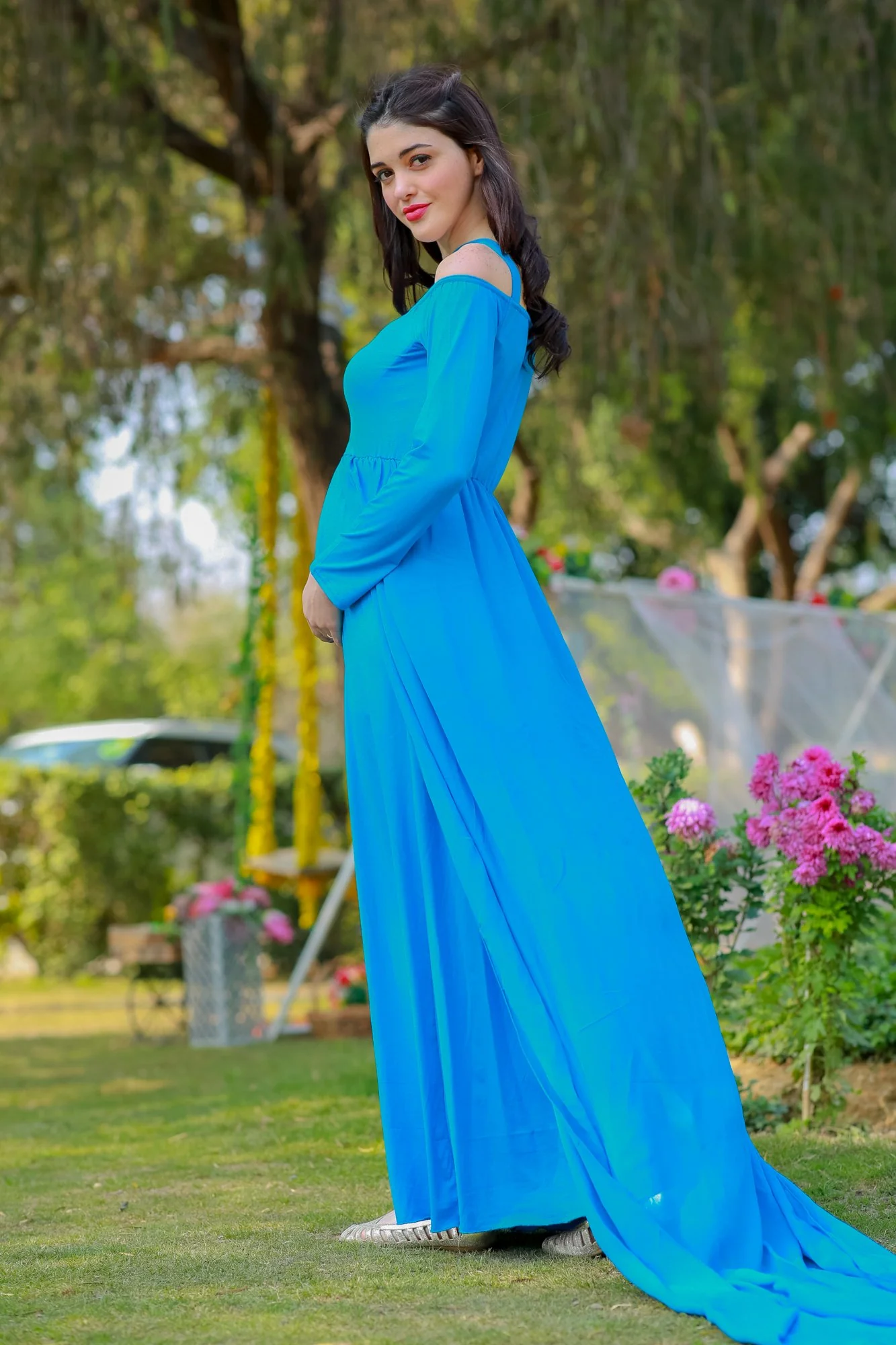 Aqua Blue Trail Maternity Photoshoot Gown - Chenance