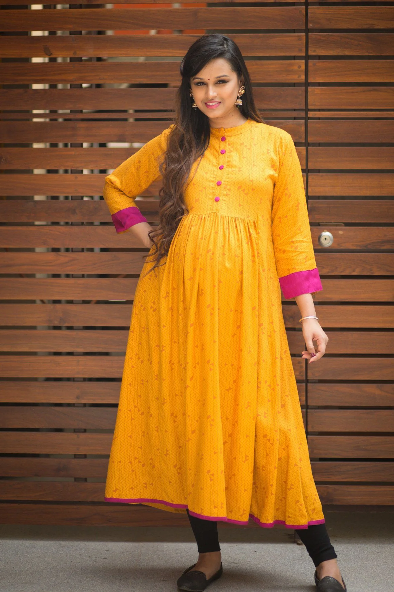 Mustard Yellow & Fuscia Long Maternity & Nursing Kurta - Chenance