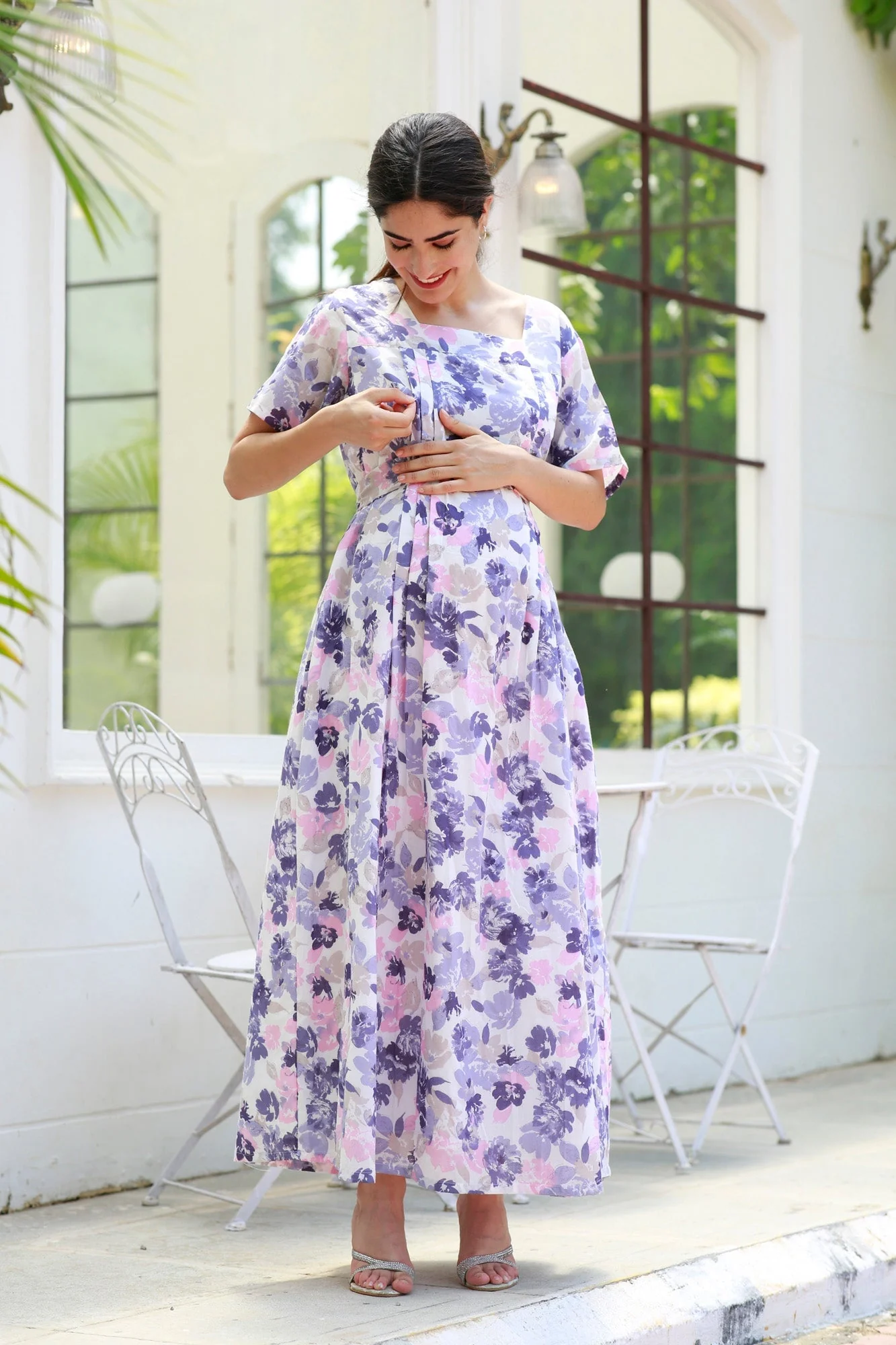 Restful Lavender Floral Maternity & Nursing Concealed Zips Night Dress - Chenance