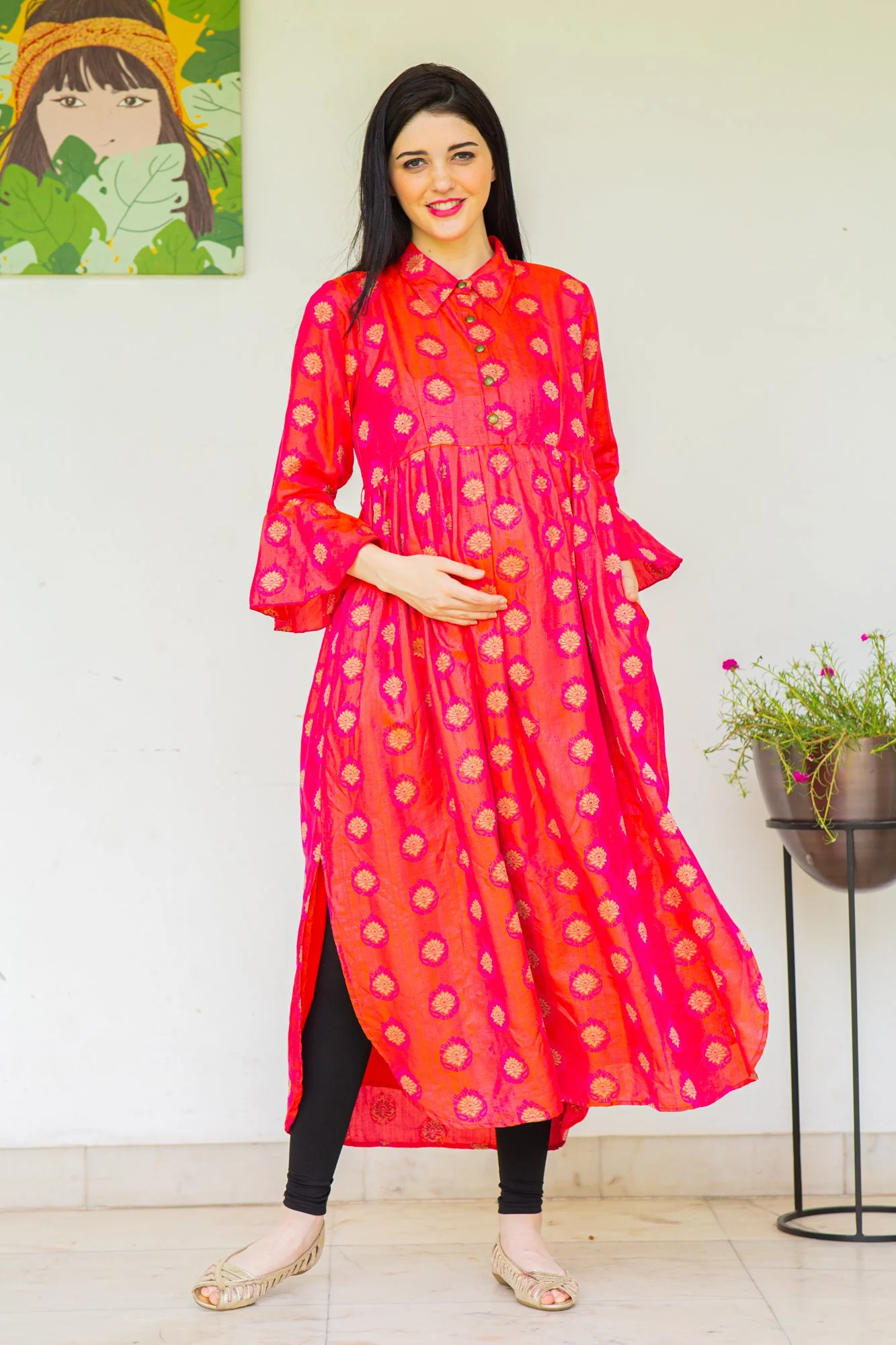 Red Luxe Maternity and Nursing Kurta Dress - Chenance