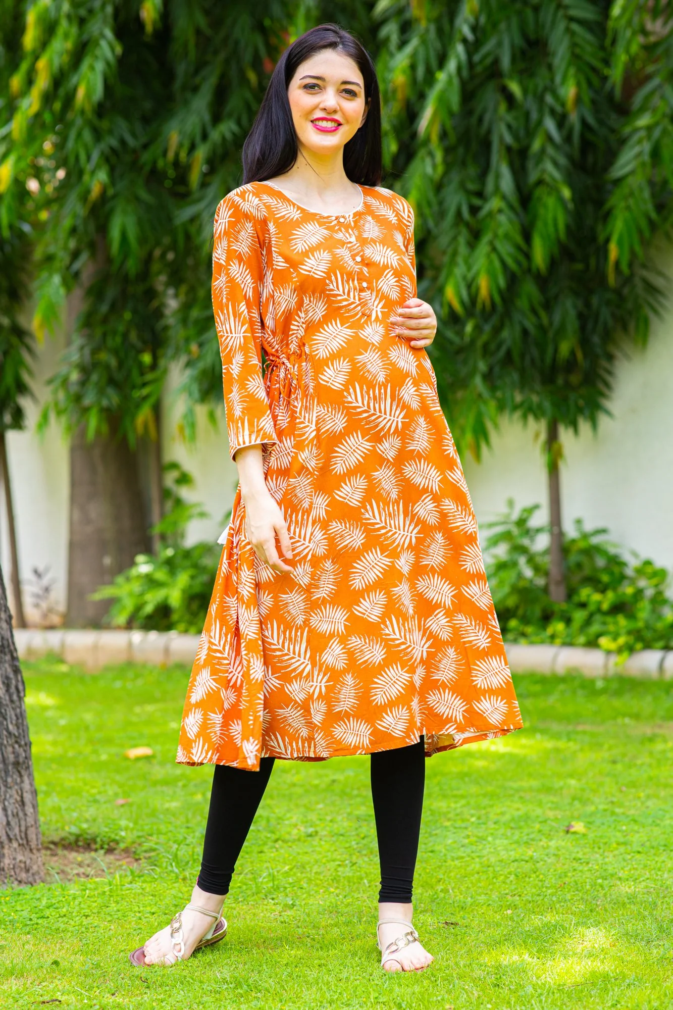 Orange Leafy Maternity & Nursing Kurta Dress - Chenance