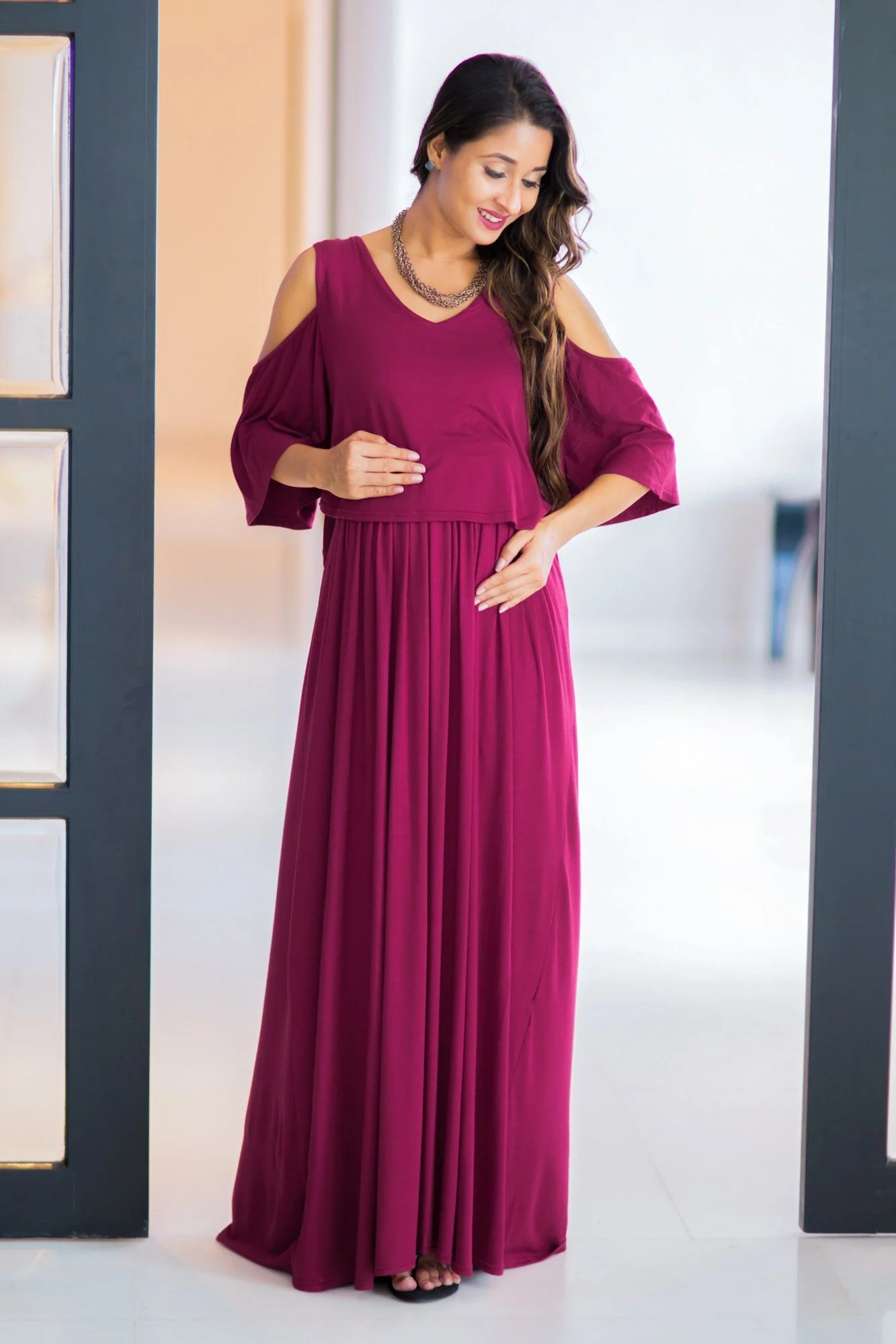 Sangria Cold Shoulder Maternity & Nursing Maxi Dress - Chenance