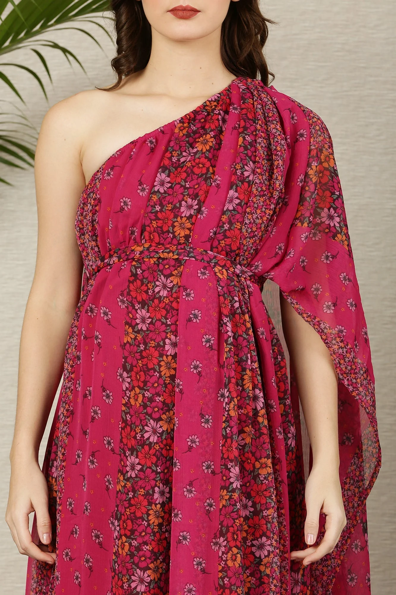 Luxe Fuchsia Blooming Bouquet One Shoulder Maternity & Nursing Gown - Chenance
