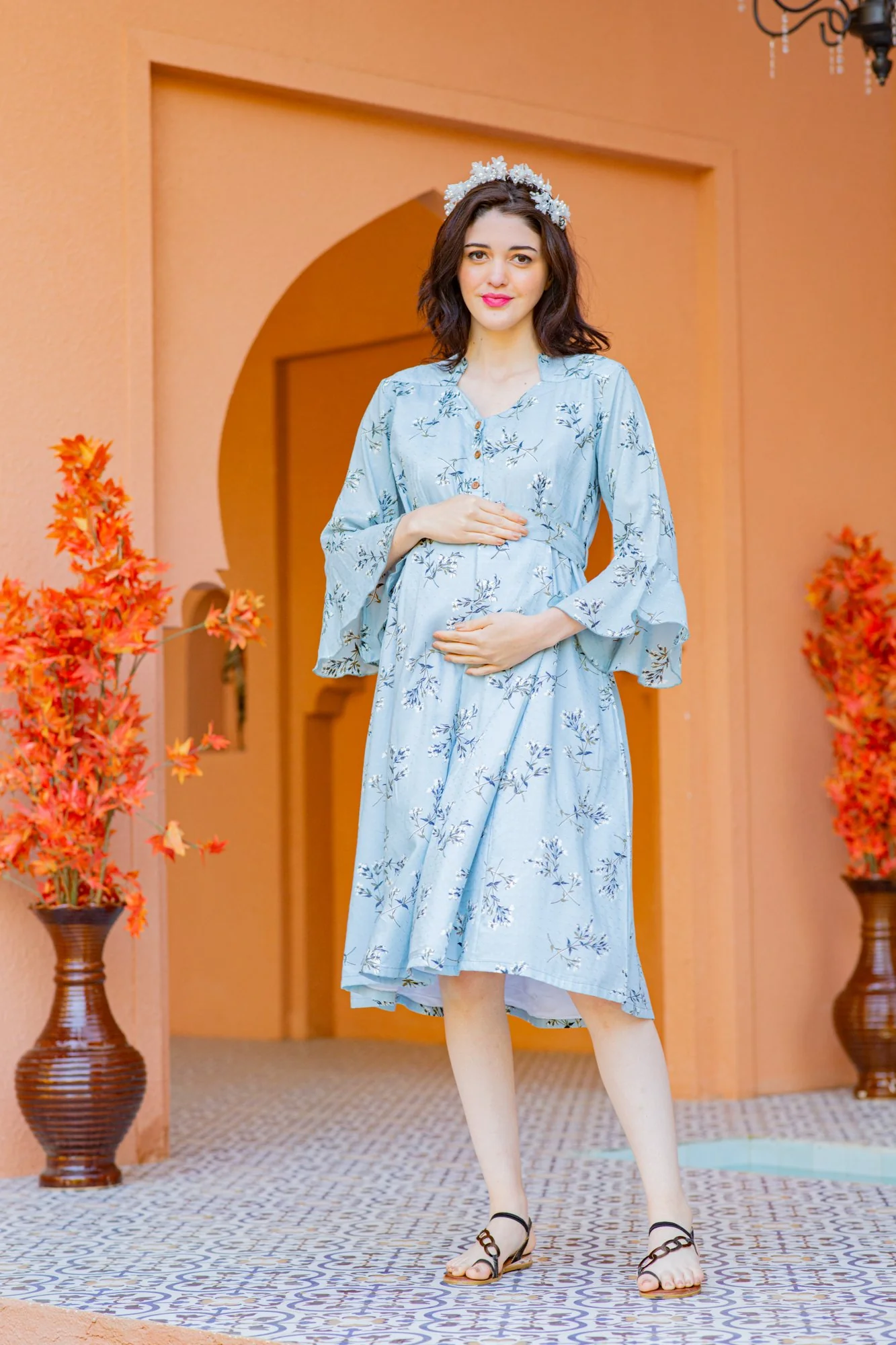 Pastel Blue Floral Front Button Maternity & Nursing Dress - Chenance