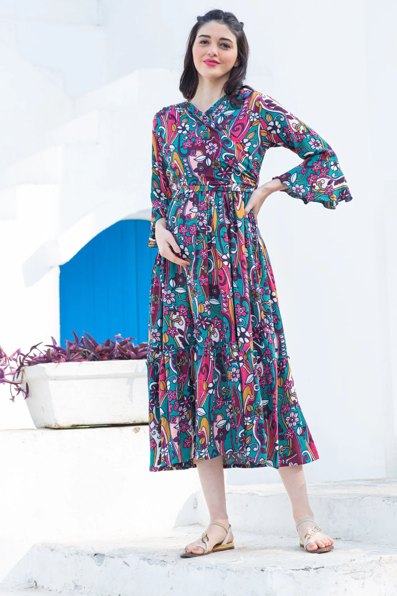 Boho Flower Frill Maternity & Nursing Midi Wrap Dress - Chenance