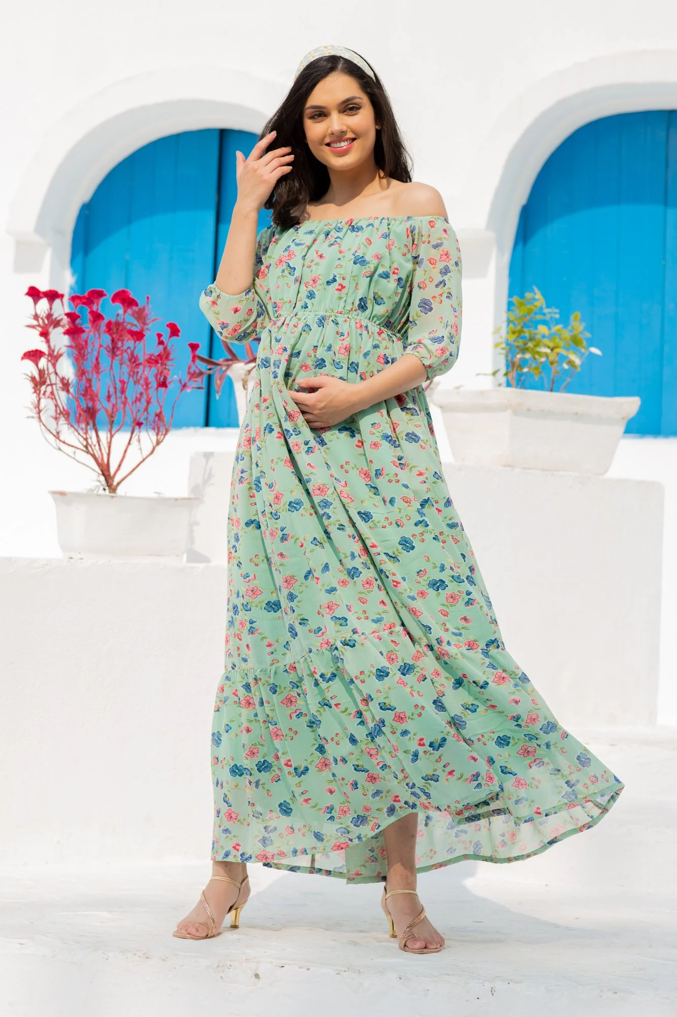 Mint Green Floral Dual Off-Shoulder Boat Neck Maternity & Nursing Maxi Dress - Chenance