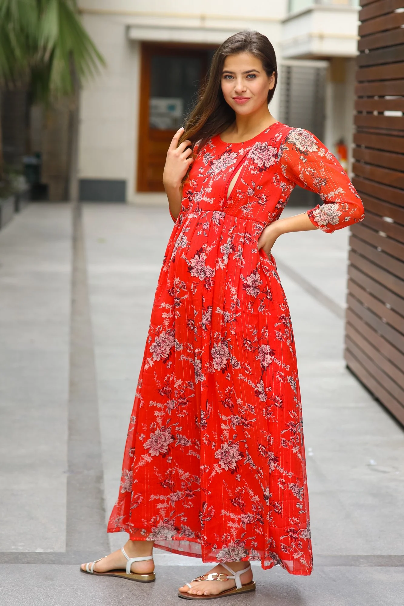 Luxe Chiffon Tangerine Floral Maternity & Nursing Dress - Chenance