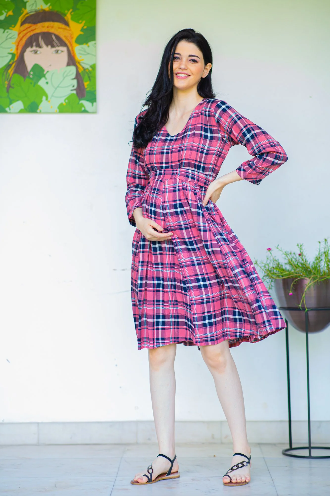 Plum Plaid Concealed Zips Maternity and Nursing Dress - Chenance
