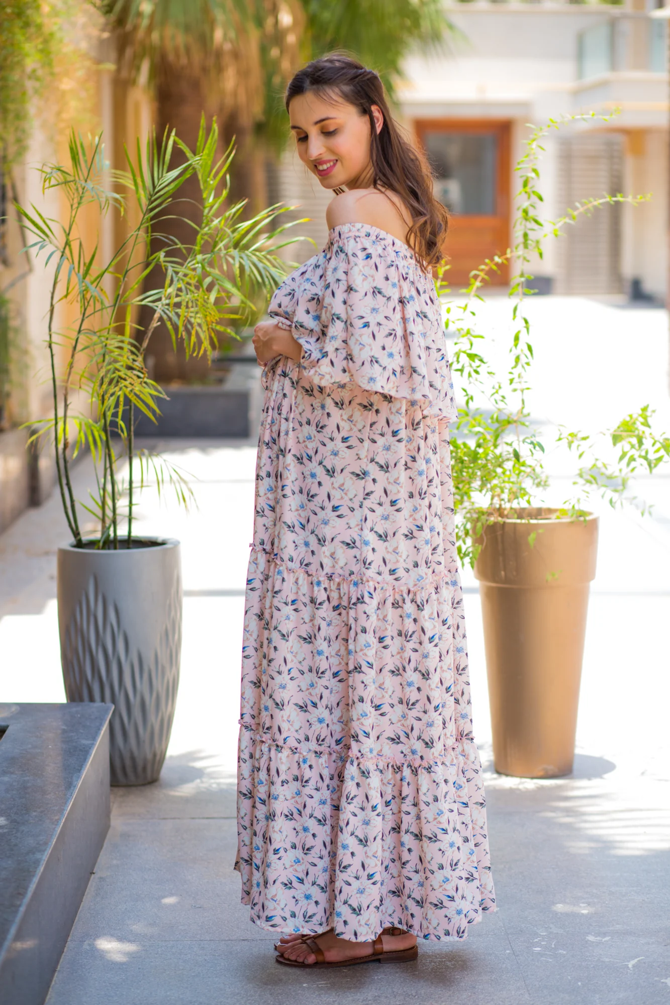 Pristine Pink Off-Shoulder Maternity Maxi - Chenance