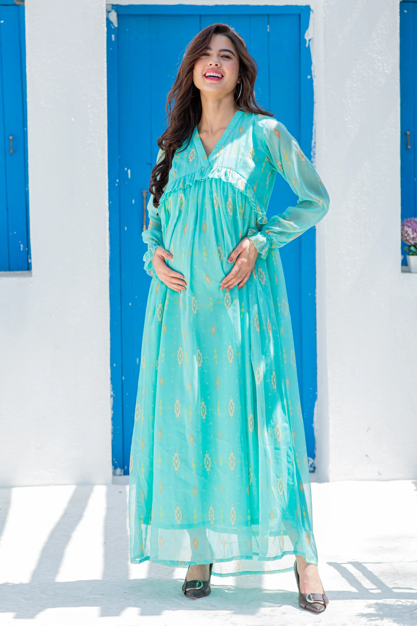 Peacock Blue Maternity Frill Pocket Dress - Chenance