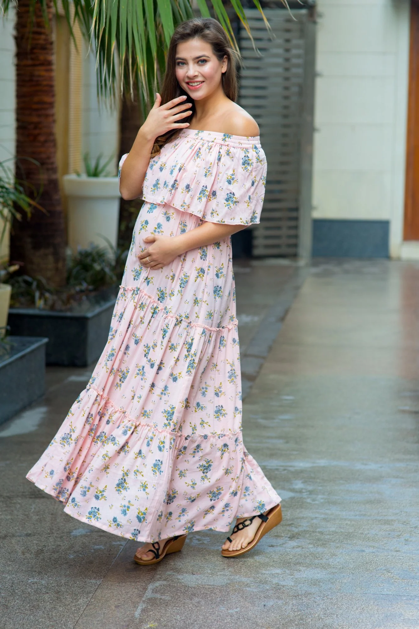 Pastel Rose Peach Off-Shoulder Maternity Maxi - Chenance