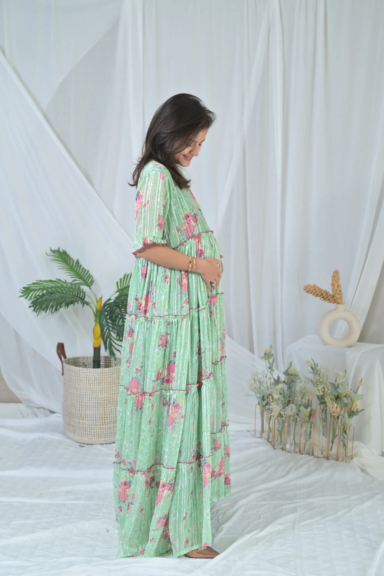 Graceful Mint Green Frill Maternity & Nursing Dress - Chenance