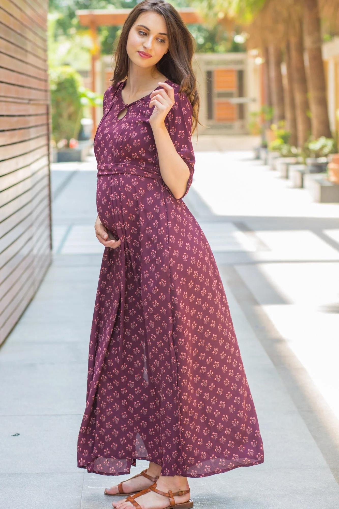 Merlot Side Slit Concealed Zips Feeding Dress - Chenance