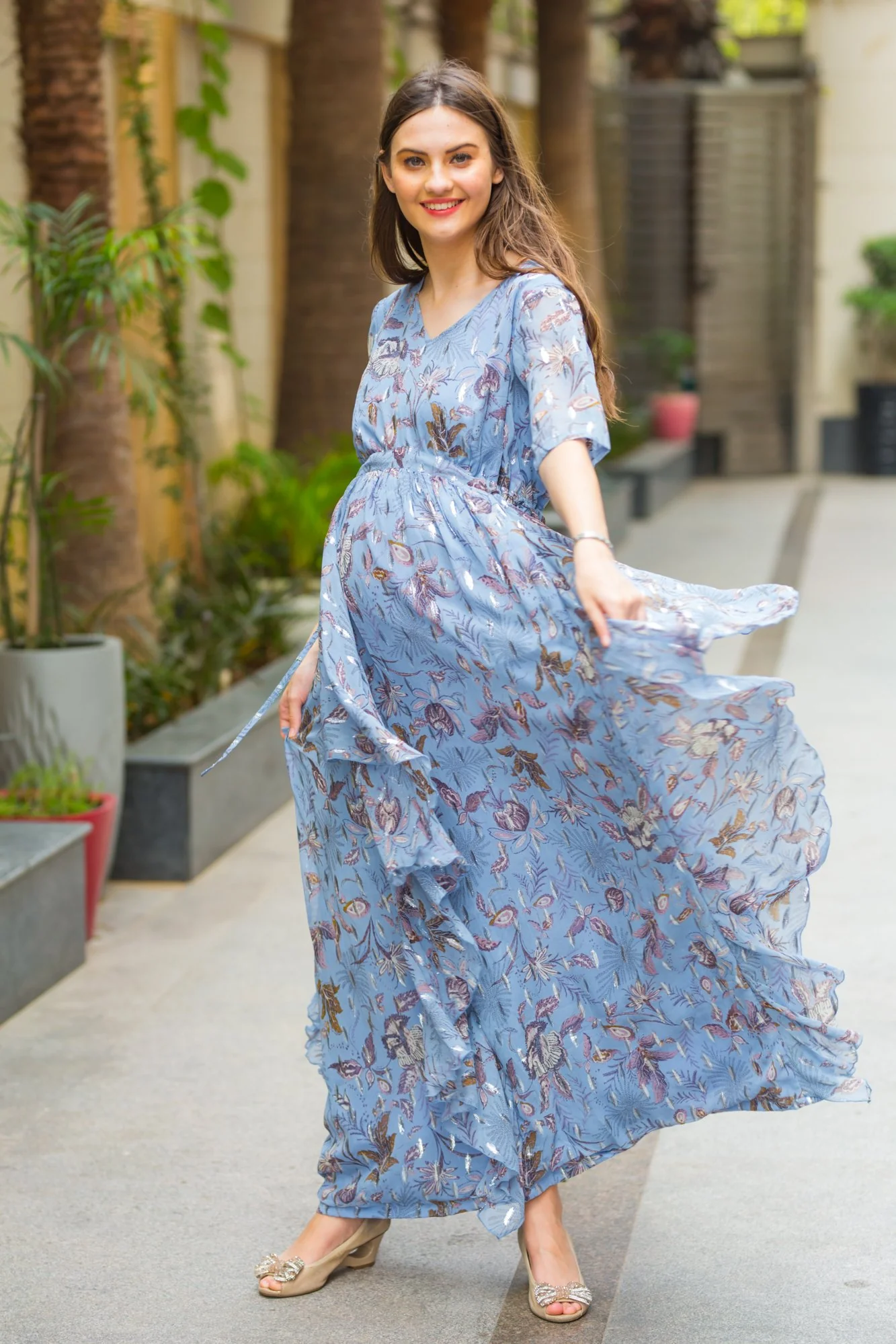 Luxe Foil Embellished Georgette Maternity Dress With Sleeves - Chenance