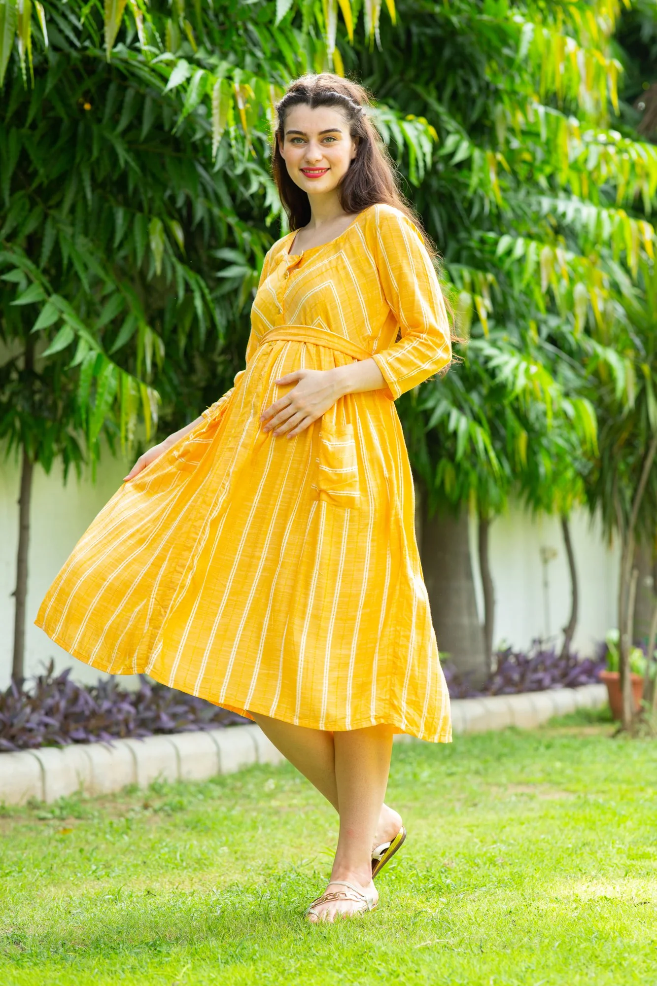 Playful Striped Pocket Maternity & Nursing Dress - Chenance