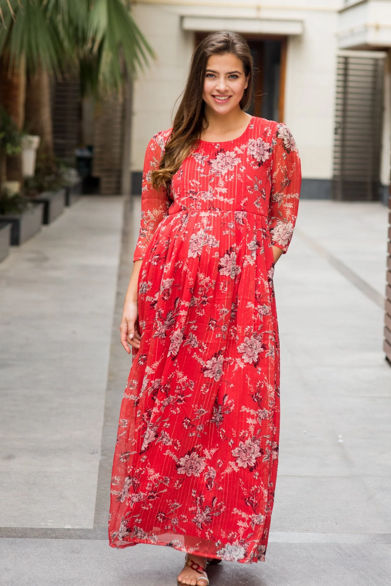 Luxe Chiffon Tangerine Floral Maternity & Nursing Dress - Chenance