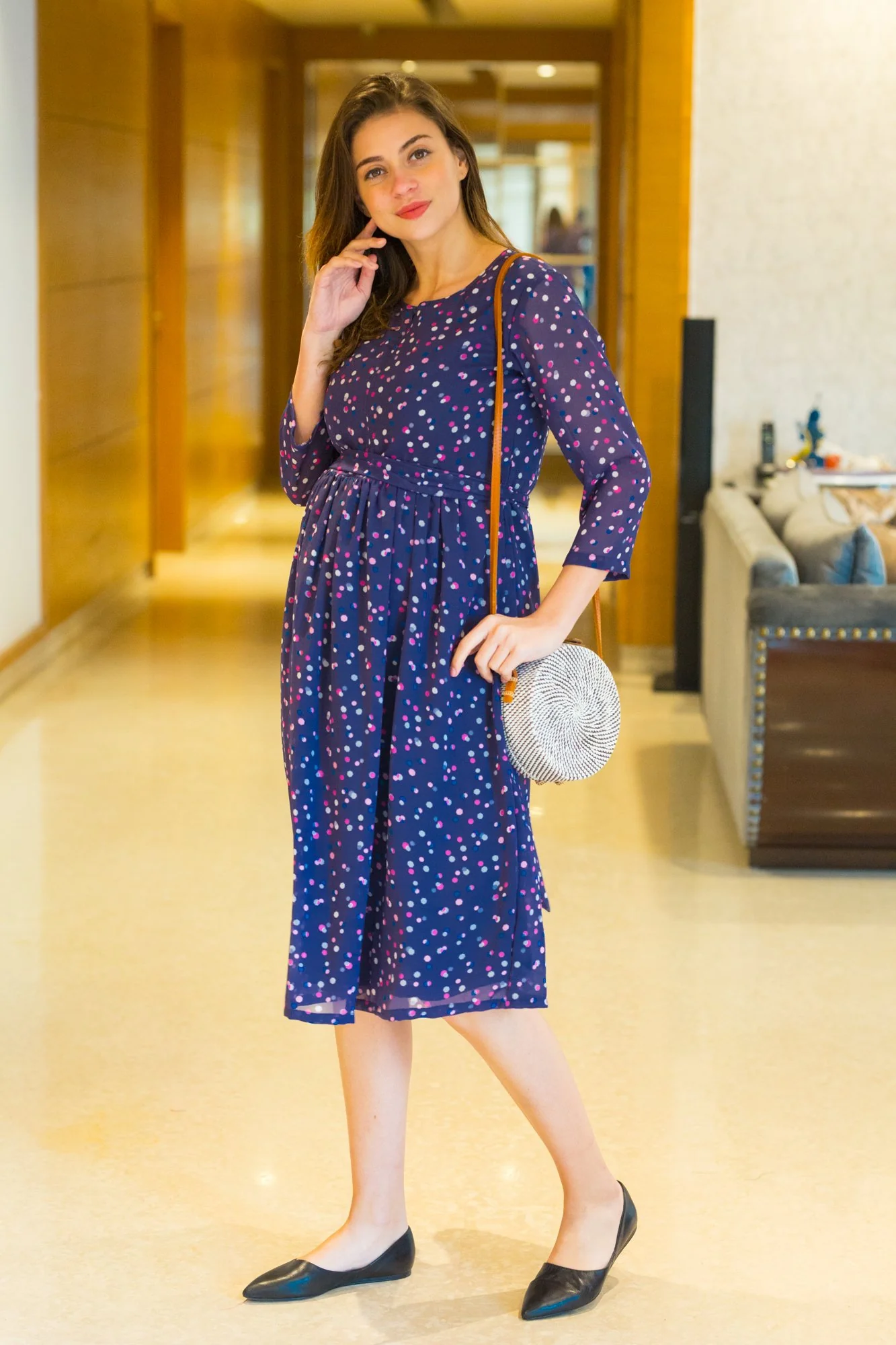 Multi Dotted Maternity & Nursing Dress - Chenance