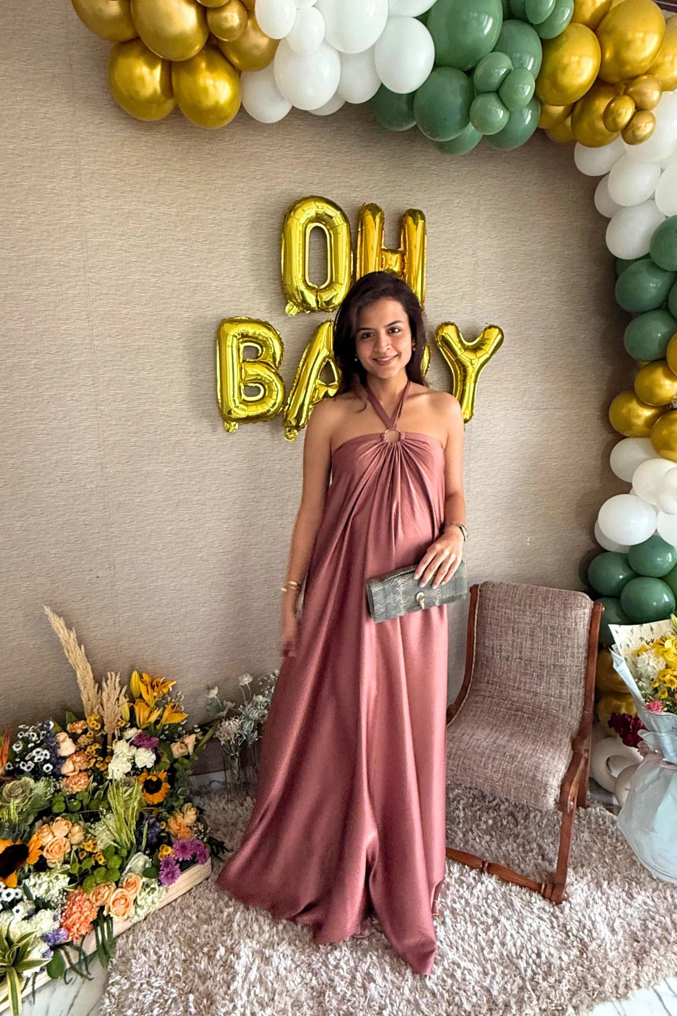 Luxe Rose Pink Satin Maternity Gown - Chenance