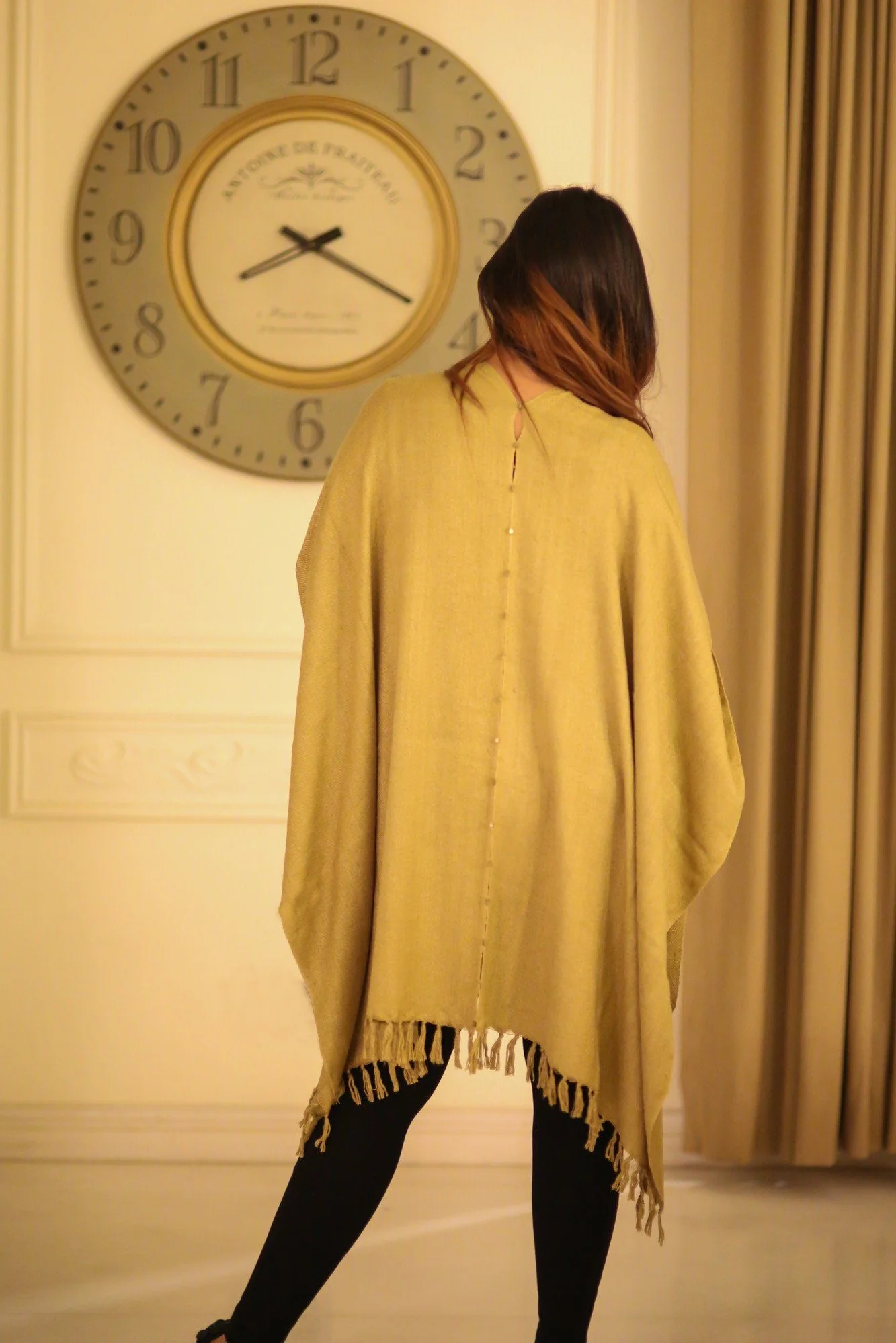 Luxe Lime Olive Handwoven Silk Poncho - Chenance