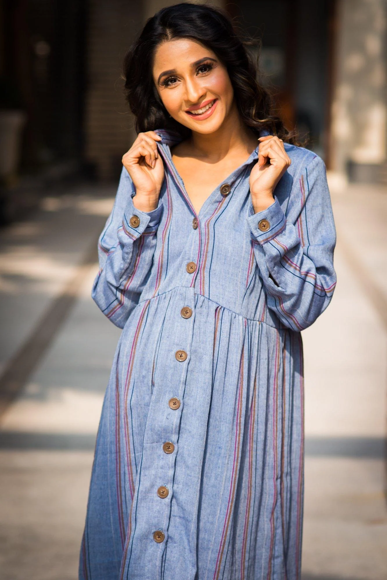 Gathered Denim Stripe Versatile Maternity & Nursing Shirt Dress - Chenance