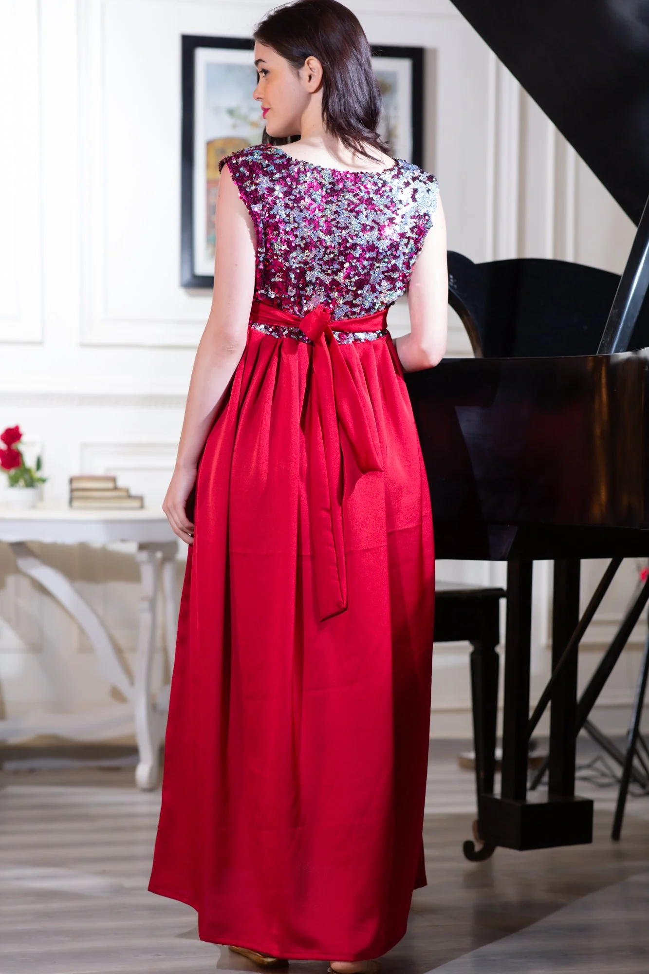 Luxe Red Gold Sequin Maternity & Nursing Dress - Chenance