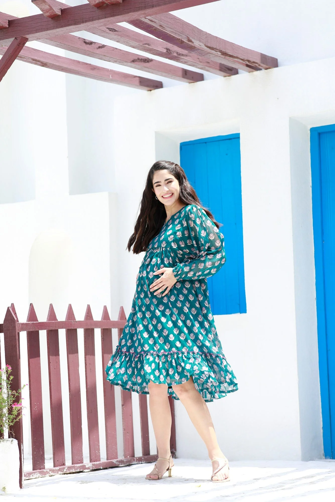 Breezy Emerald Floral Maternity Knee Frill Dress - Chenance