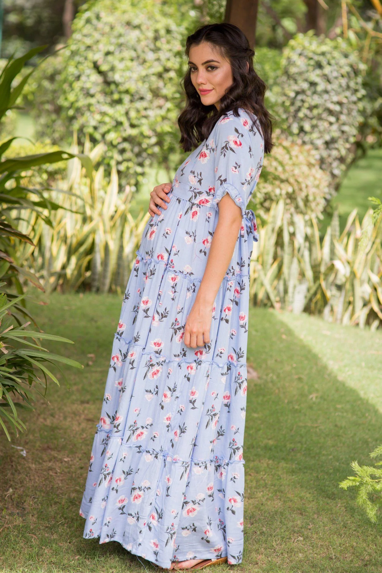 Multilayer Baby Blue Frill Maternity & Nursing Dress - Chenance