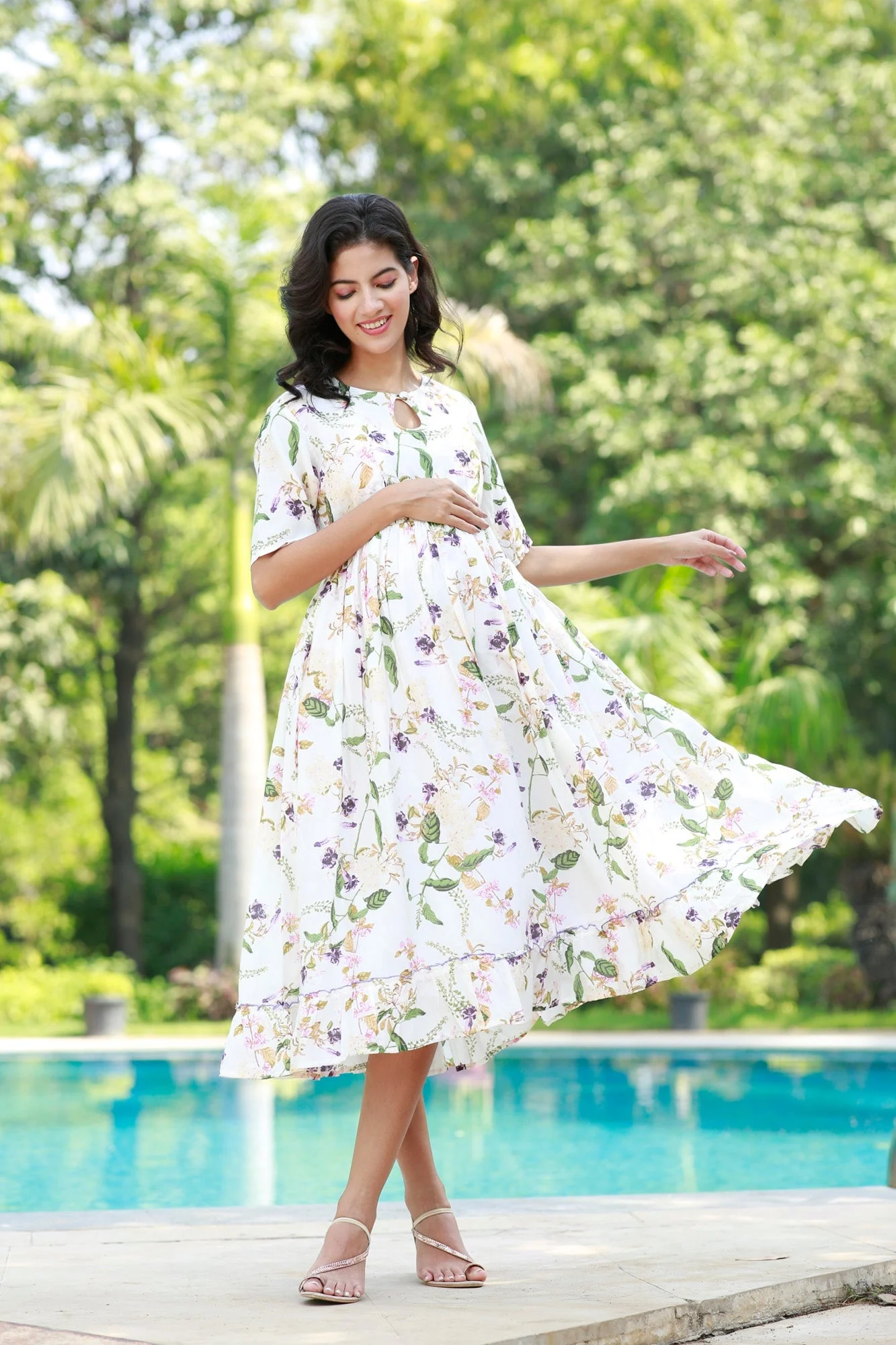 Boho Ivory Tropical Frill Concealed Zips Maternity & Nursing Dress - Chenance