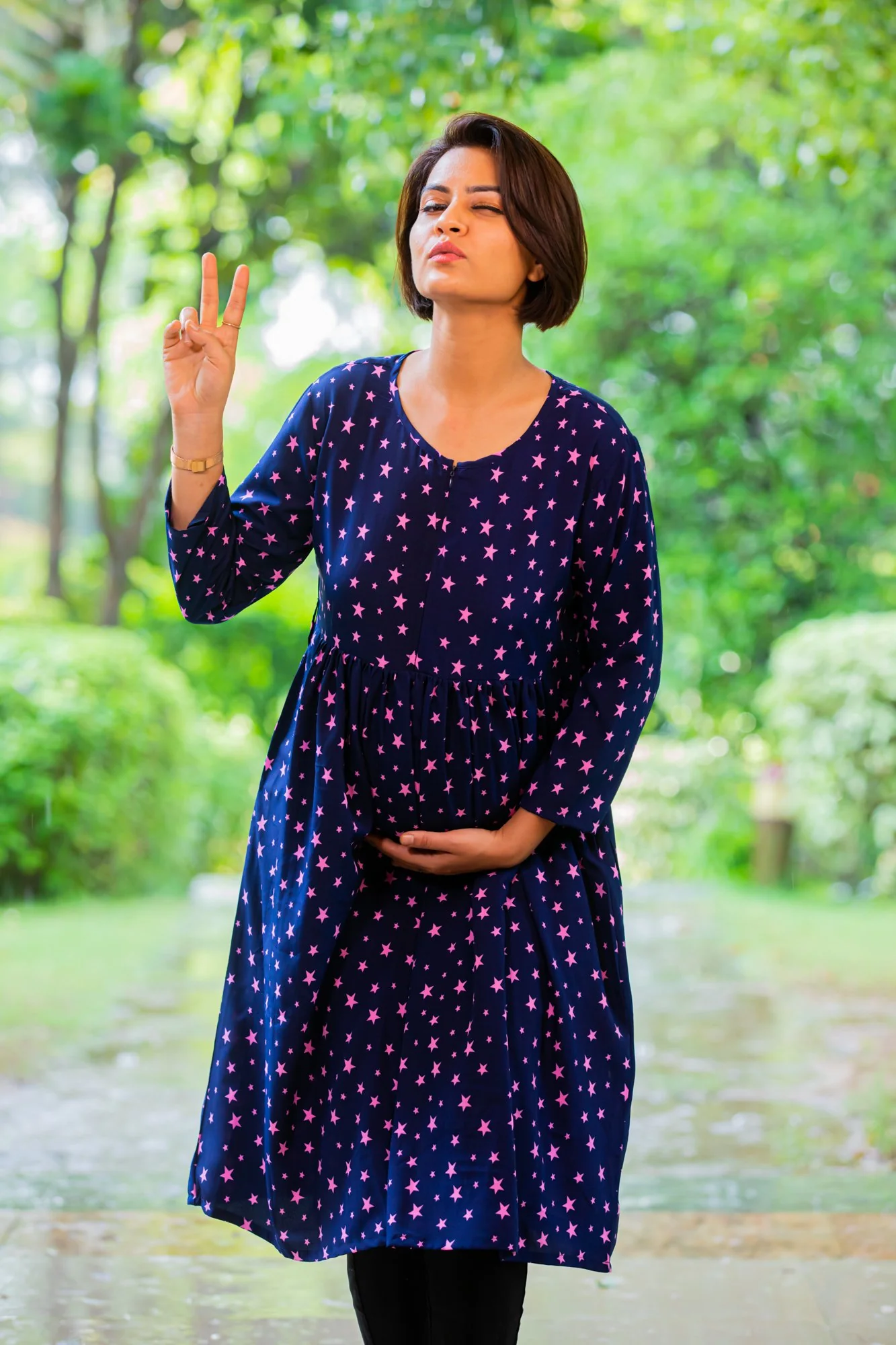 Starry Blue Maternity & Nursing Crepe Swing Dress - Chenance