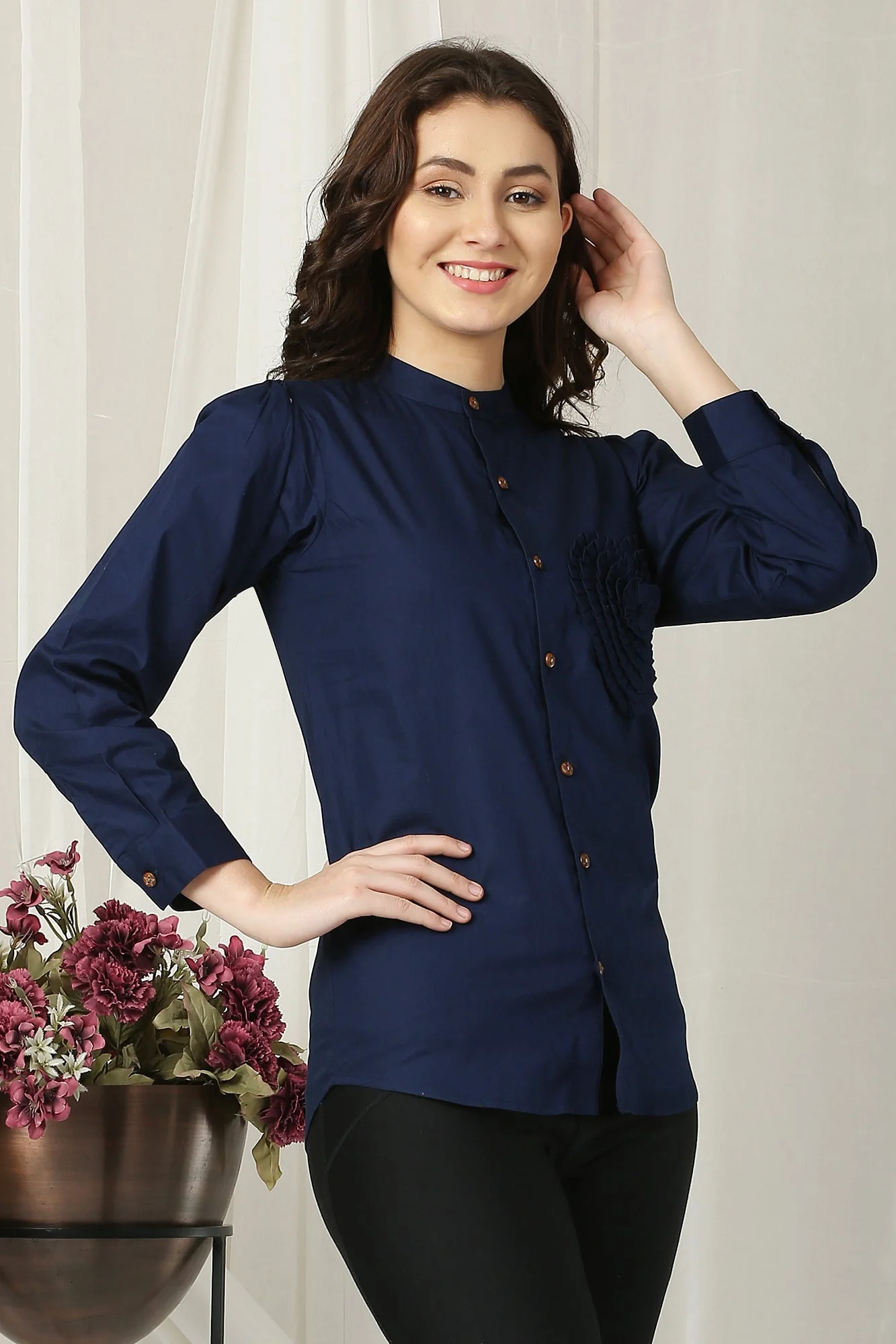 Women French Navy Enrich Shirt (100% Cotton) - Chenance