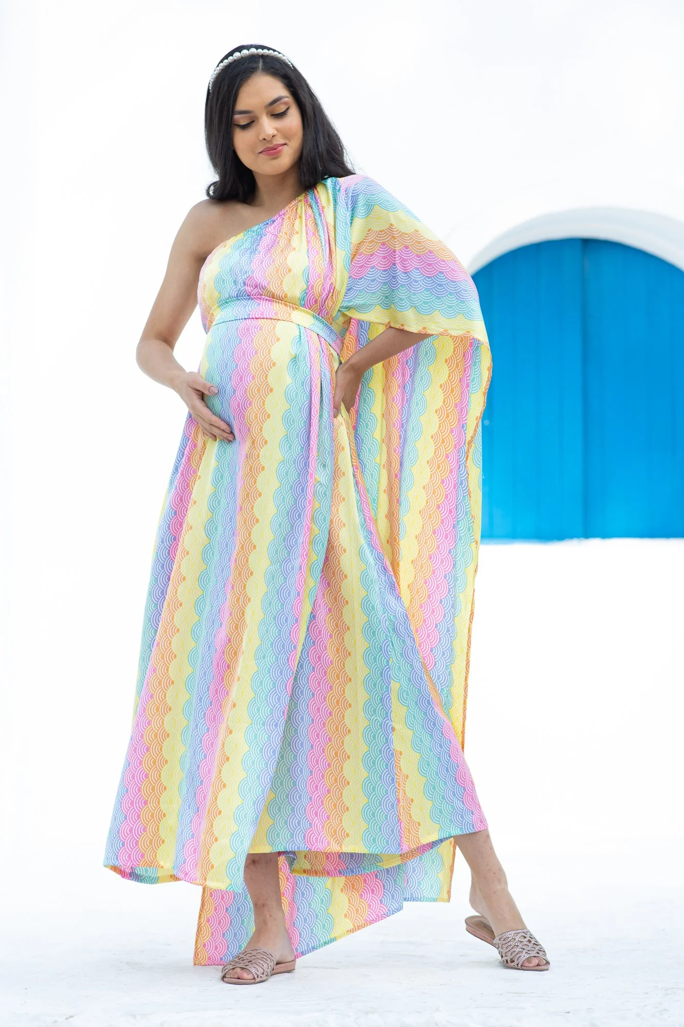 Luxe Rainbow One Shoulder Floral Maternity & Nursing Satin Dress - Chenance