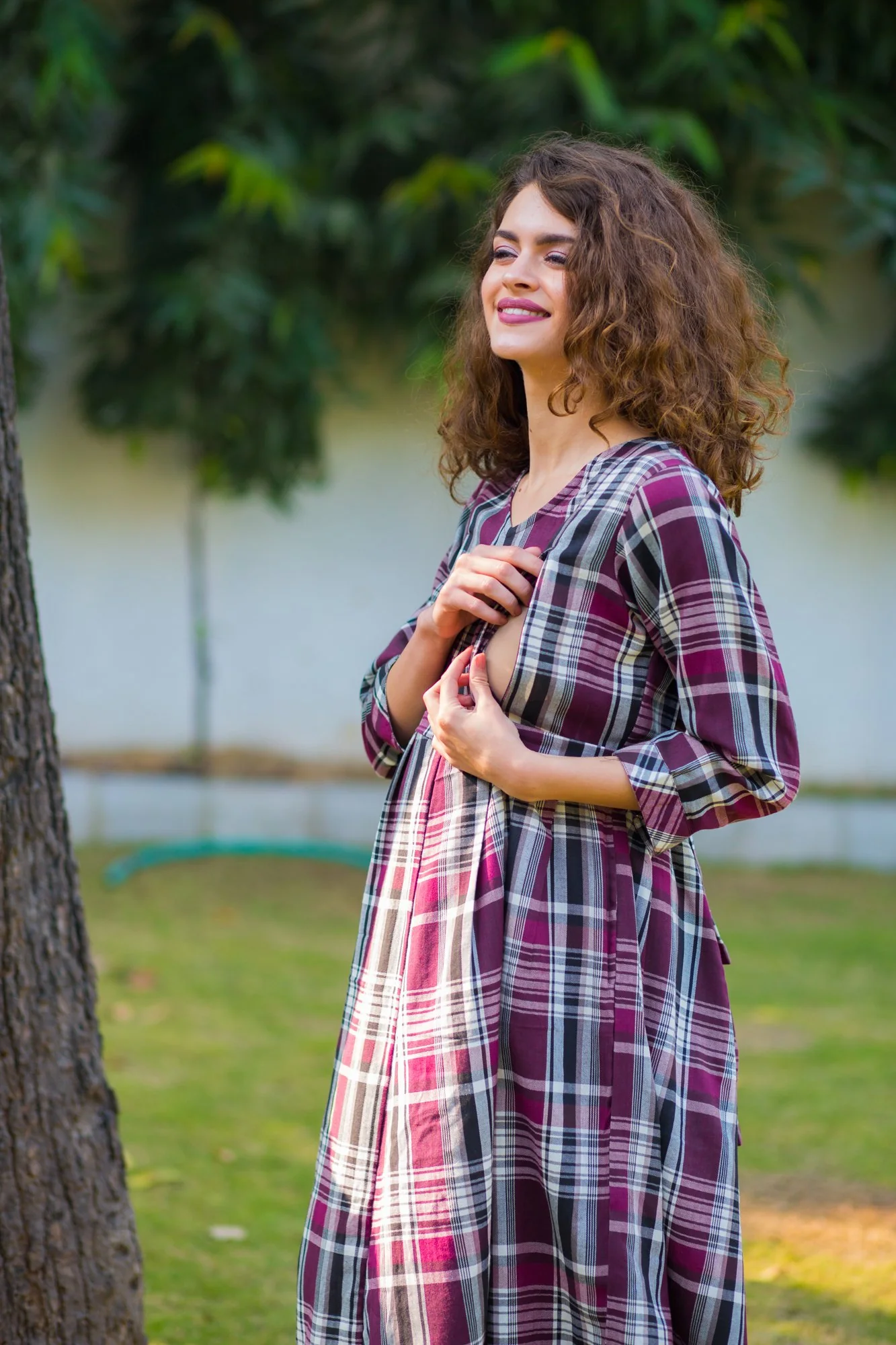 Mulberry Plaid Maternity & Nursing Knee Dress - Chenance