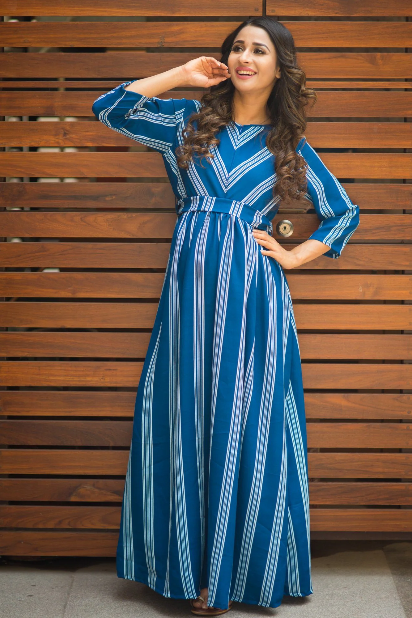 Persian Blue Striped Maternity & Nursing Crepe Dress - Chenance