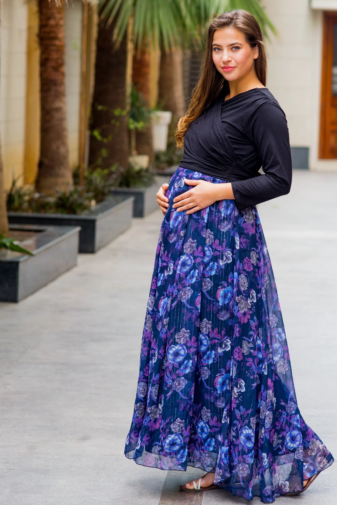 Luxe Violet Floral Chiffon Maternity & Nursing Wrap Dress - Chenance