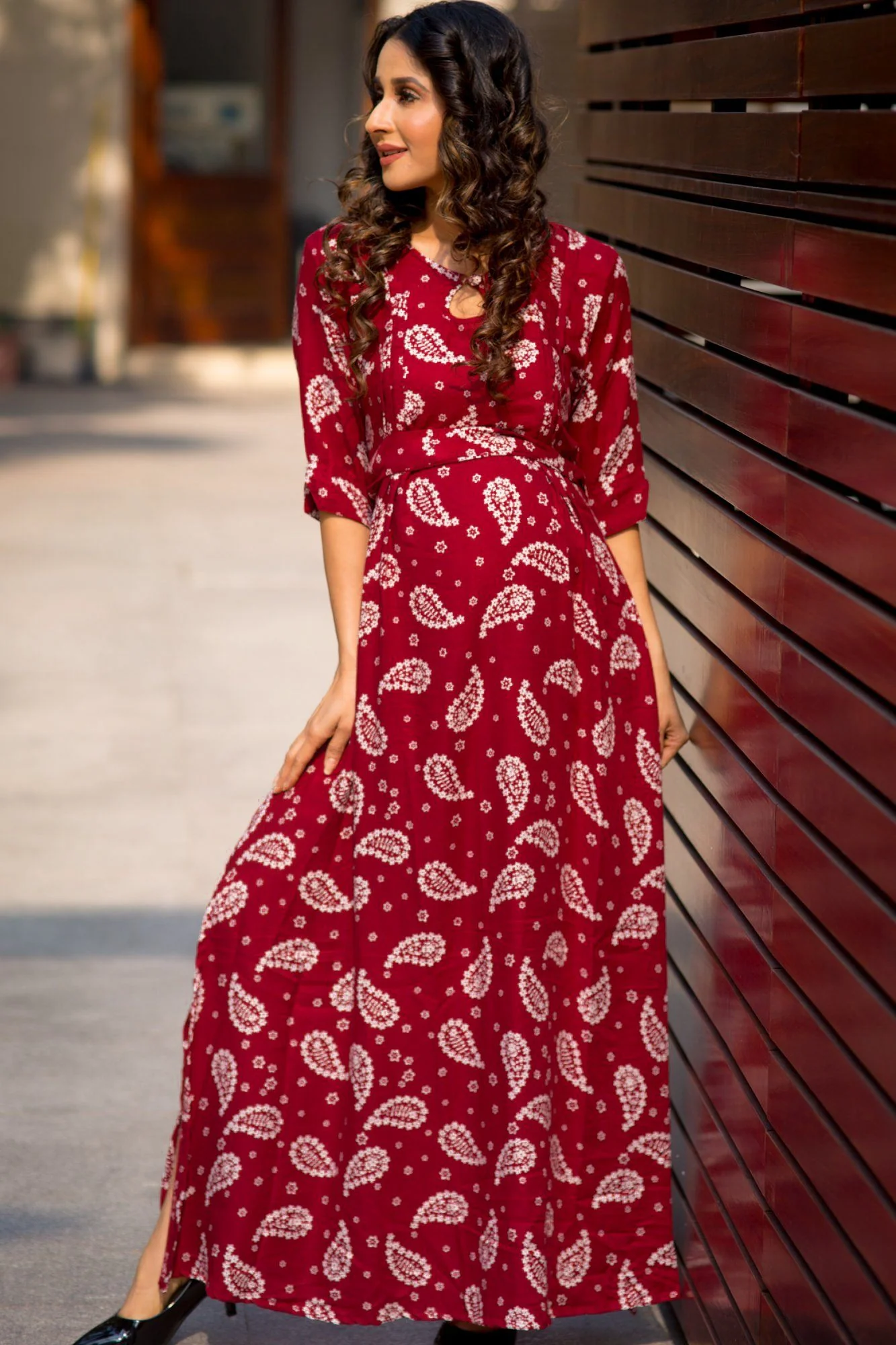 Maroon White Paisley Slit Concealed Zips Maternity & Feeding Dress - Chenance