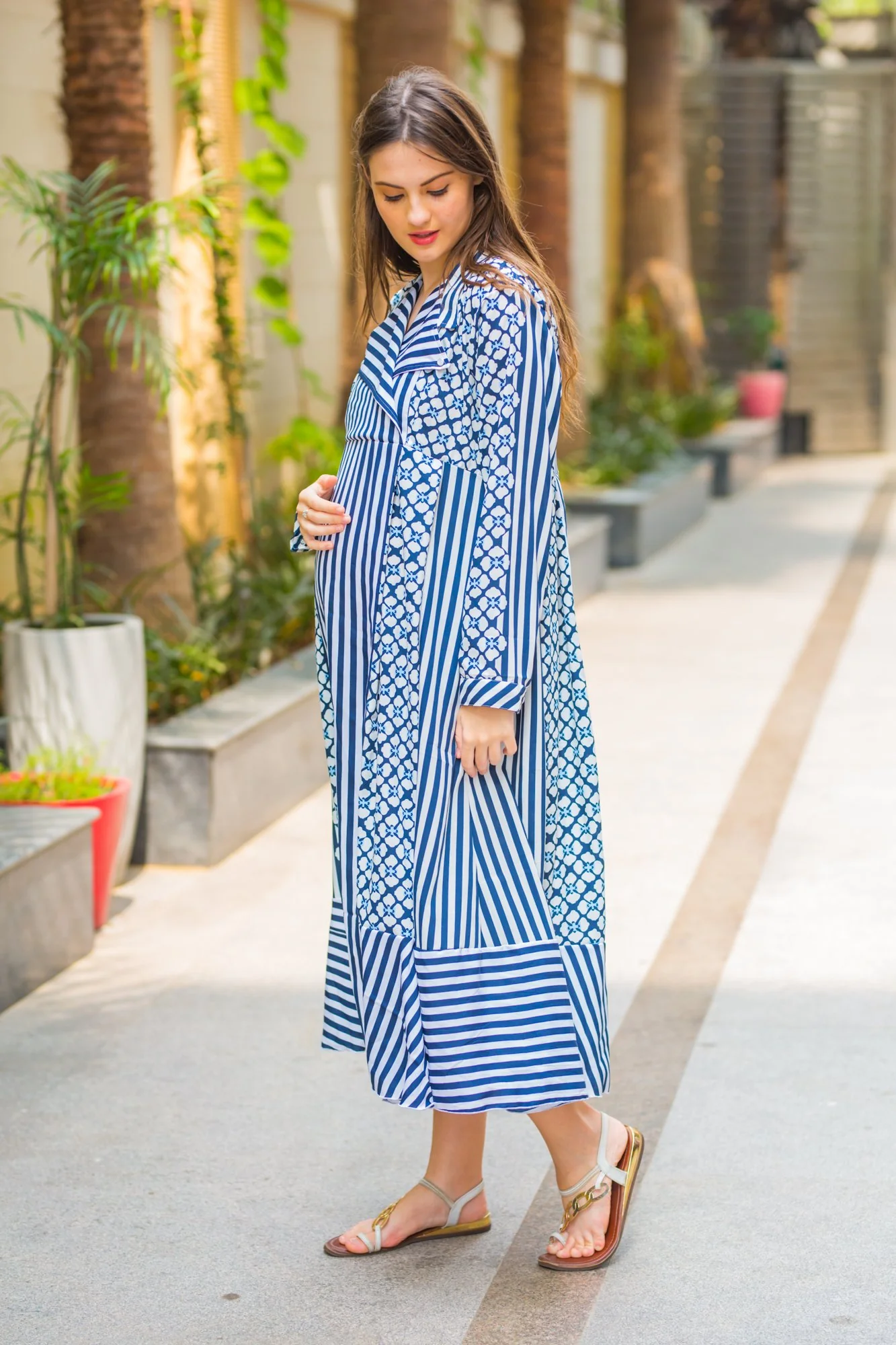Indigo Striped Maternity and Nursing Maxi Dress - Chenance