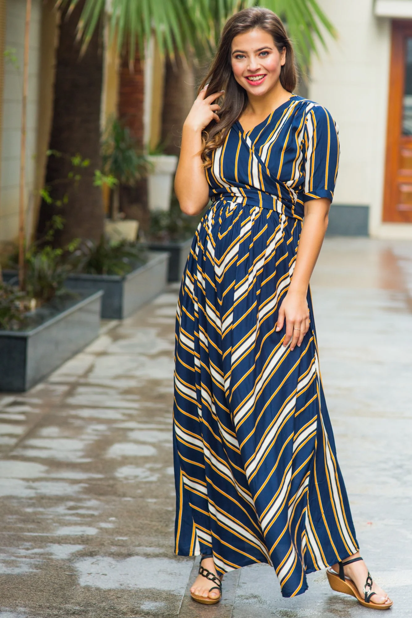 Royal Navy Striped Maternity & Nursing Wrap Dress - Chenance