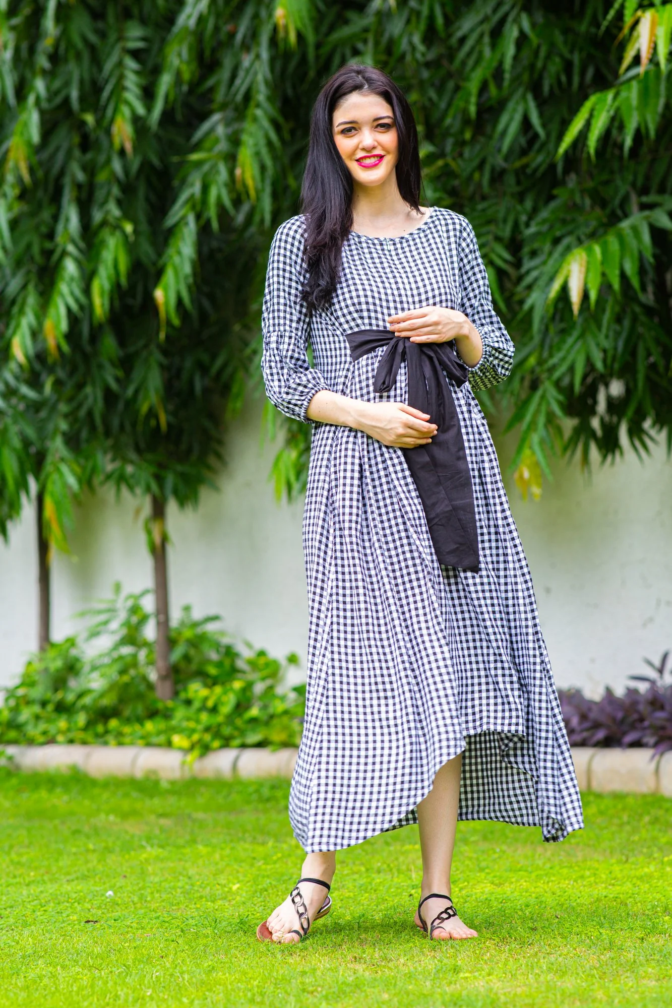 Plaid Dual Bow High-Low Maternity & Nursing Dress - Chenance