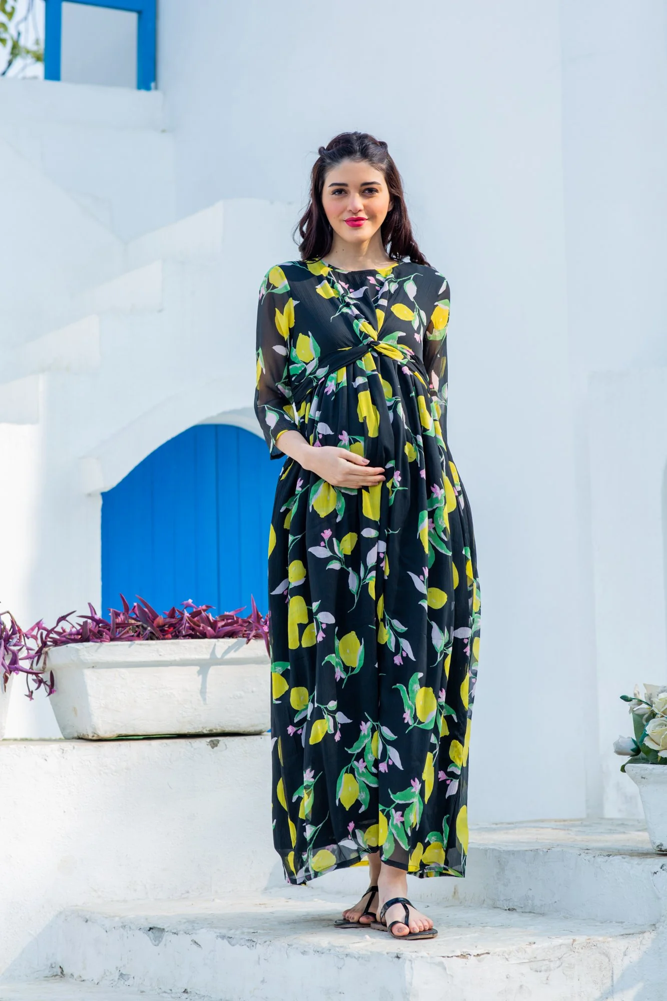 Midnight Lemon Crepe Maternity Knot Dress - Chenance