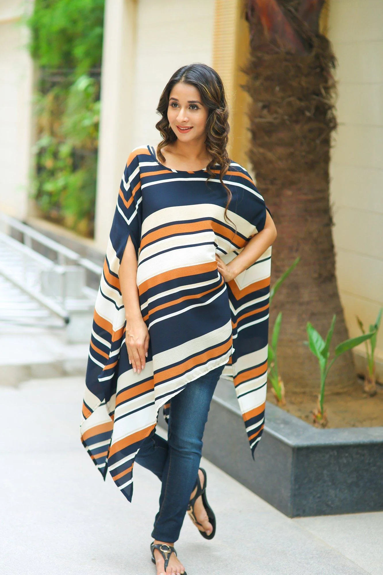 Navy Orange Nautical Crepe Maternity Poncho - Chenance