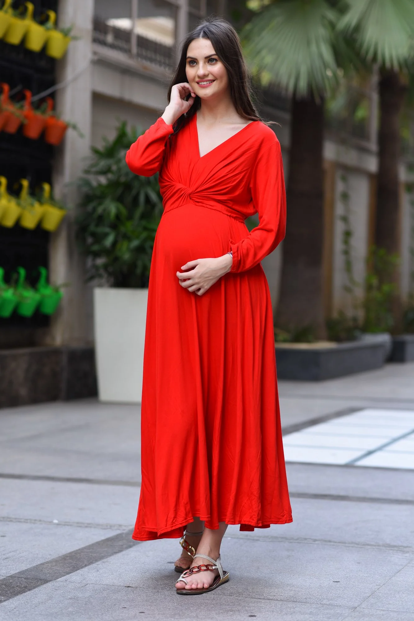Candy Carnation Front Knot Lycra Maternity Dress - Chenance